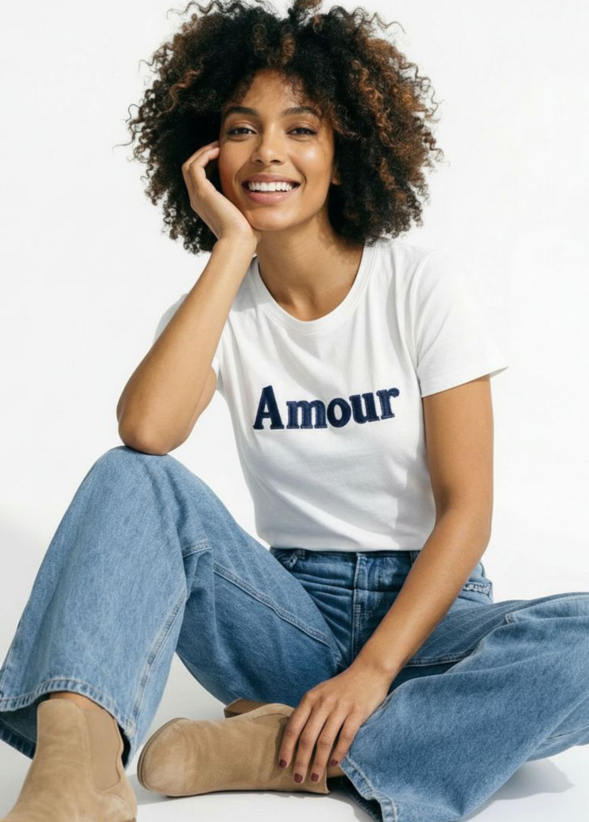 T-shirt coton avec inscription Amour Femme Blanc IKB-50065 MV1