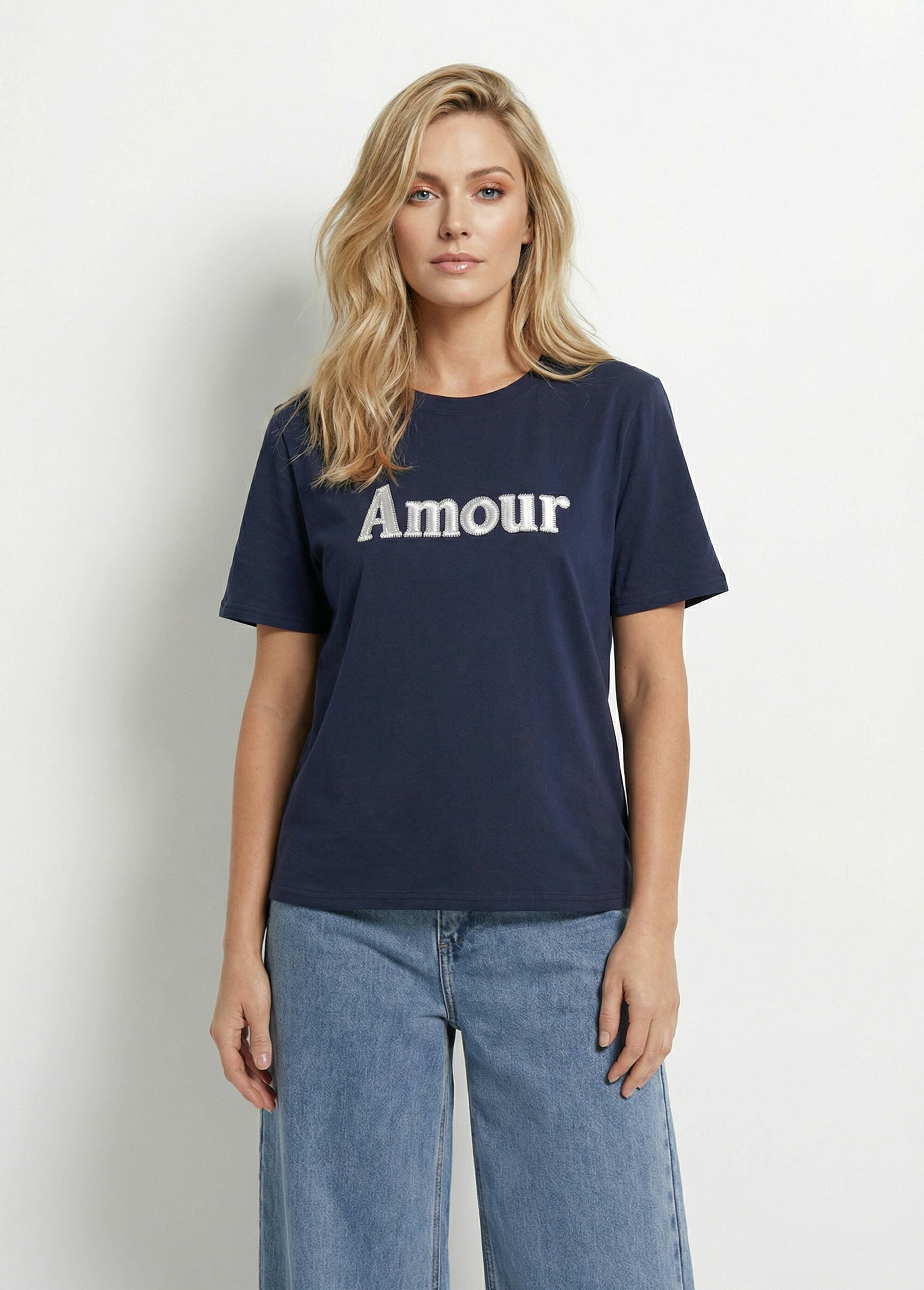 T-shirt coton avec inscription Amour Femme Bleu IKB-50065 FA1