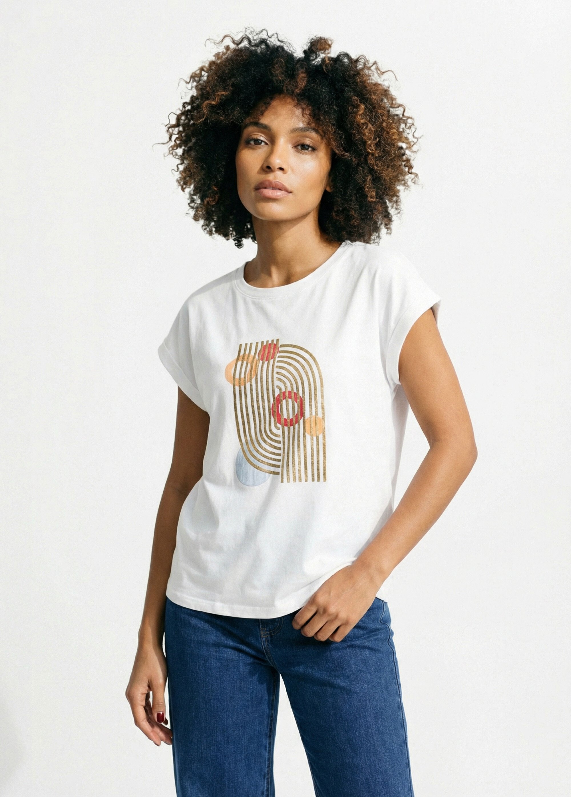 T-shirt coton avec sérigraphie Art déco Femme Blanc IKB-50235 FA1