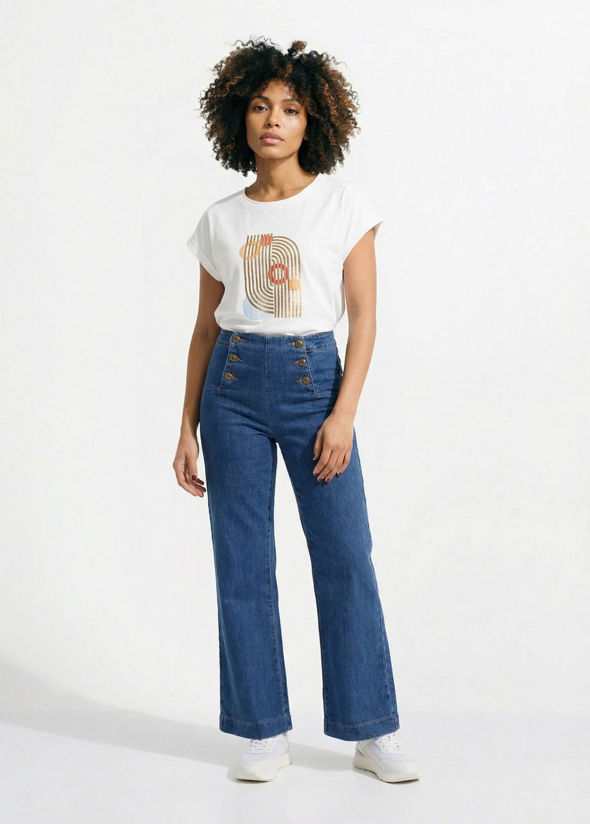 T-shirt coton avec sérigraphie Art déco Femme Blanc IKB-50235 SF1