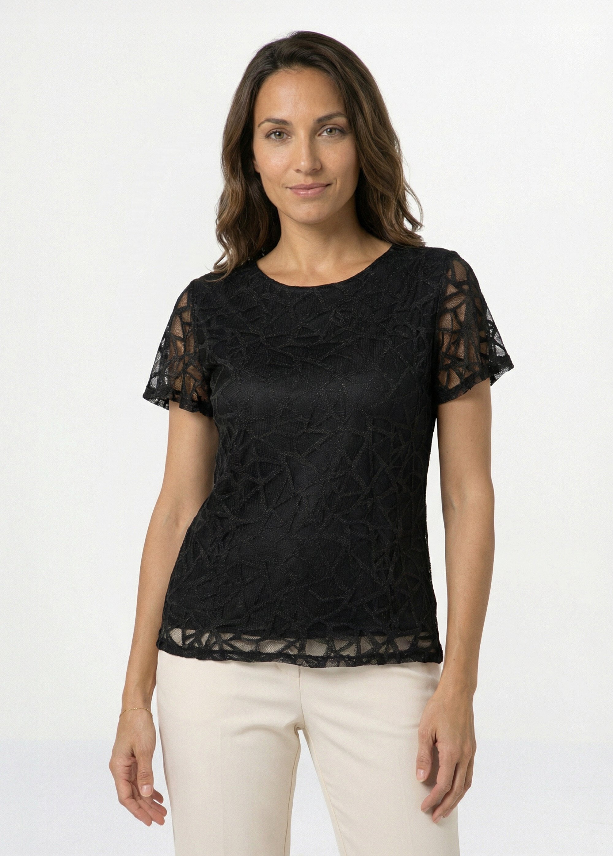 T-shirt dentelle manches courtes Femme Noir CABINASSE FA1