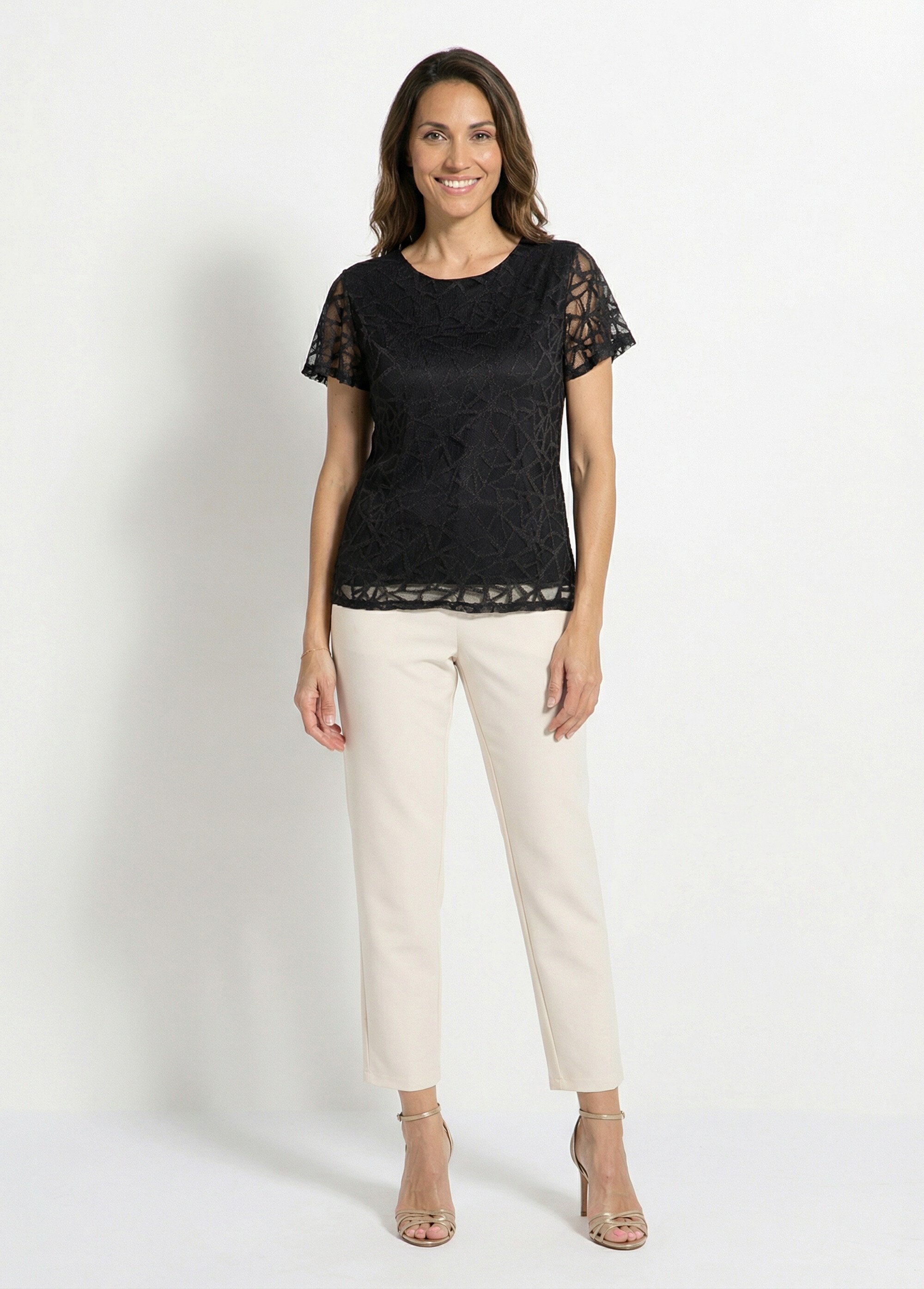 T-shirt dentelle manches courtes Femme Noir CABINASSE SF1