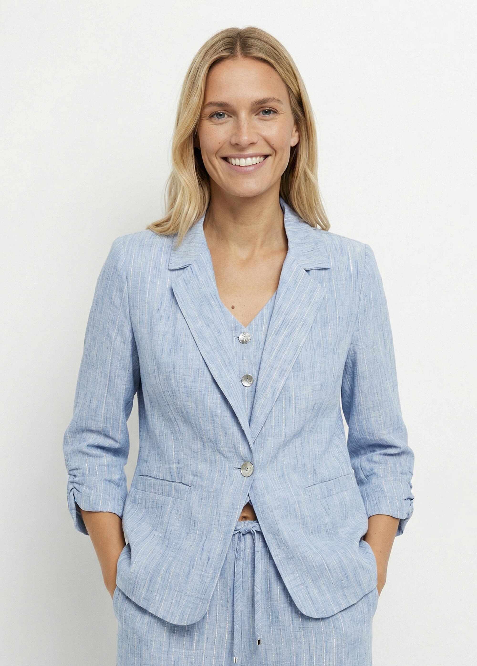 Veste tailleur rayée, aspect irrégulier Femme Bleu MOD-VEKOURA FA1