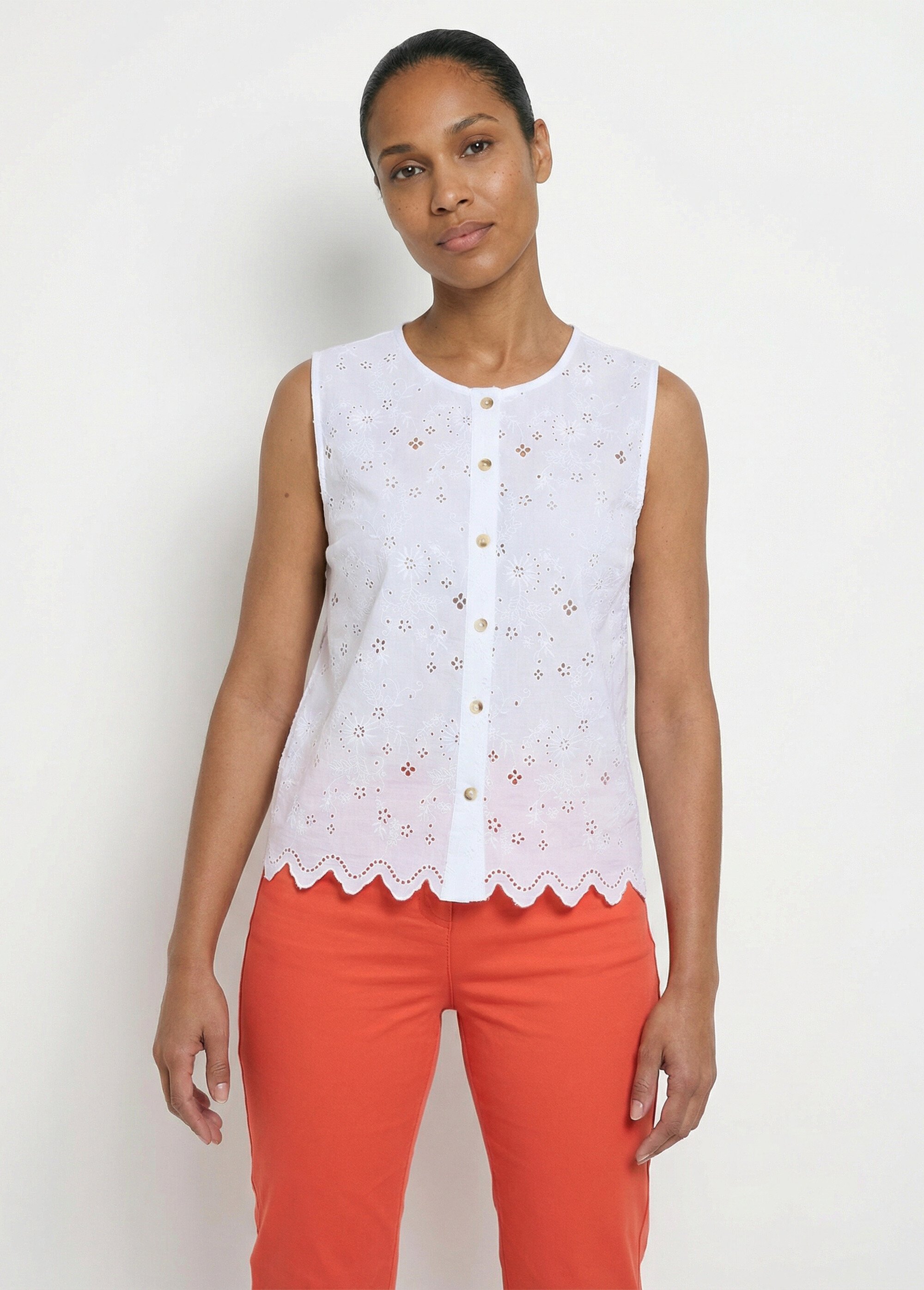Débardeur boutonné broderie anglaise coton Femme Blanc CARIANE FA1