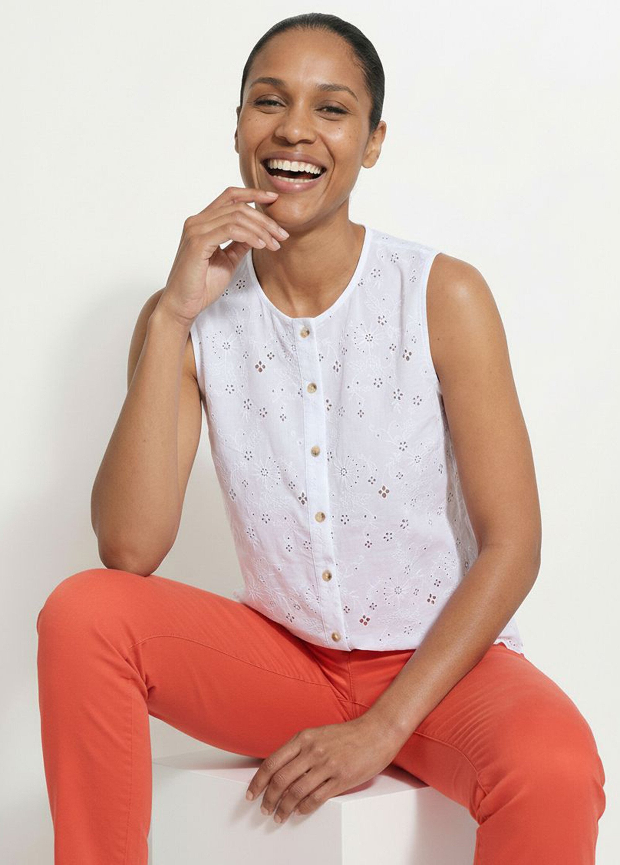 Débardeur boutonné broderie anglaise coton Femme Blanc CARIANE MV1