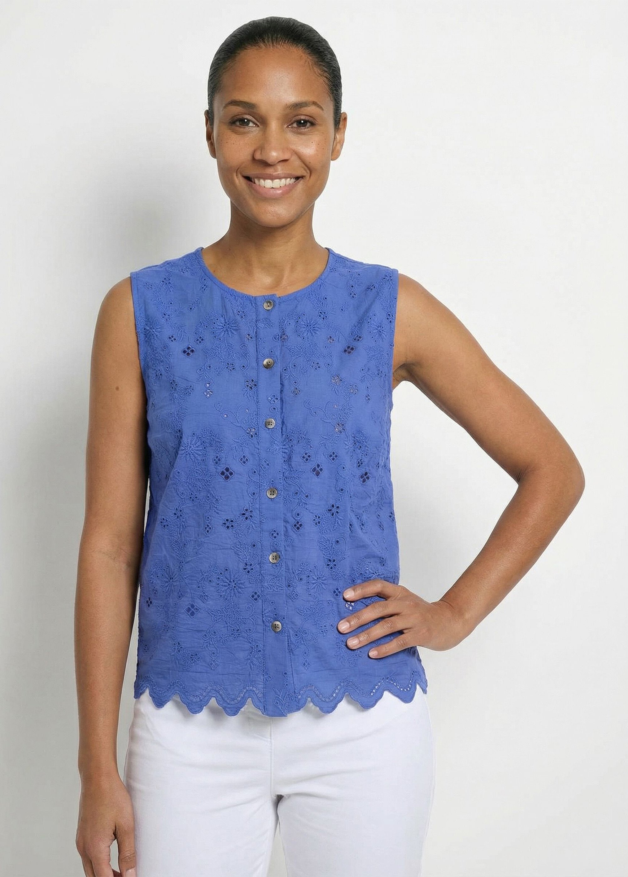 Débardeur boutonné broderie anglaise coton Femme Bleu CARIANE FA1