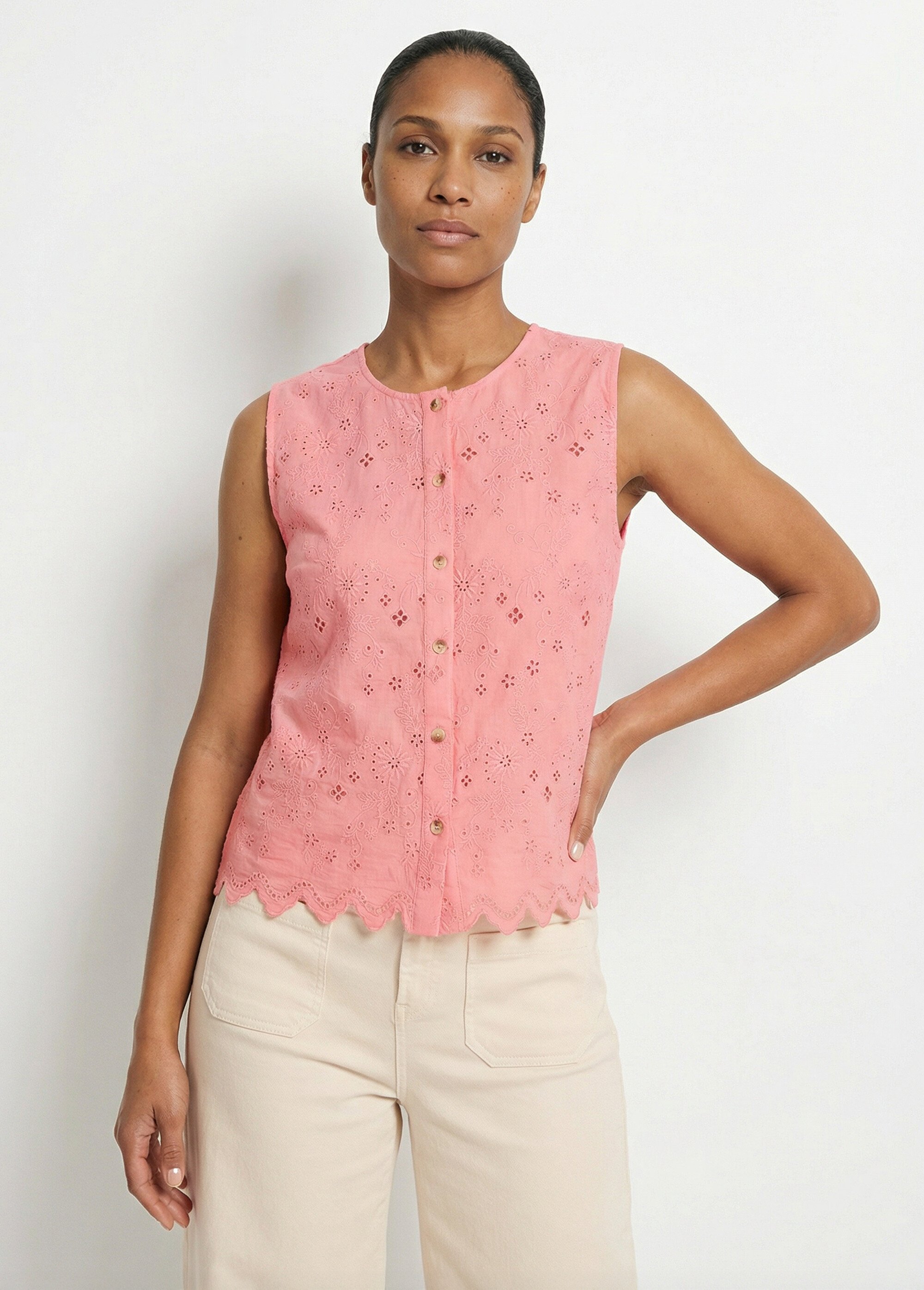 Débardeur boutonné broderie anglaise coton Femme ROSE BONBON CARIANE FA1