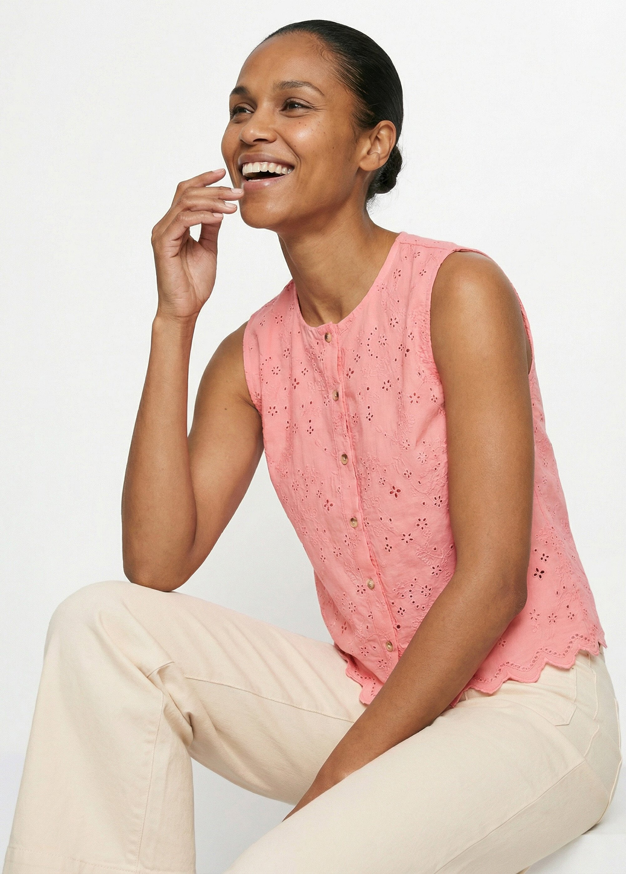 Débardeur boutonné broderie anglaise coton Femme ROSE BONBON CARIANE MV1