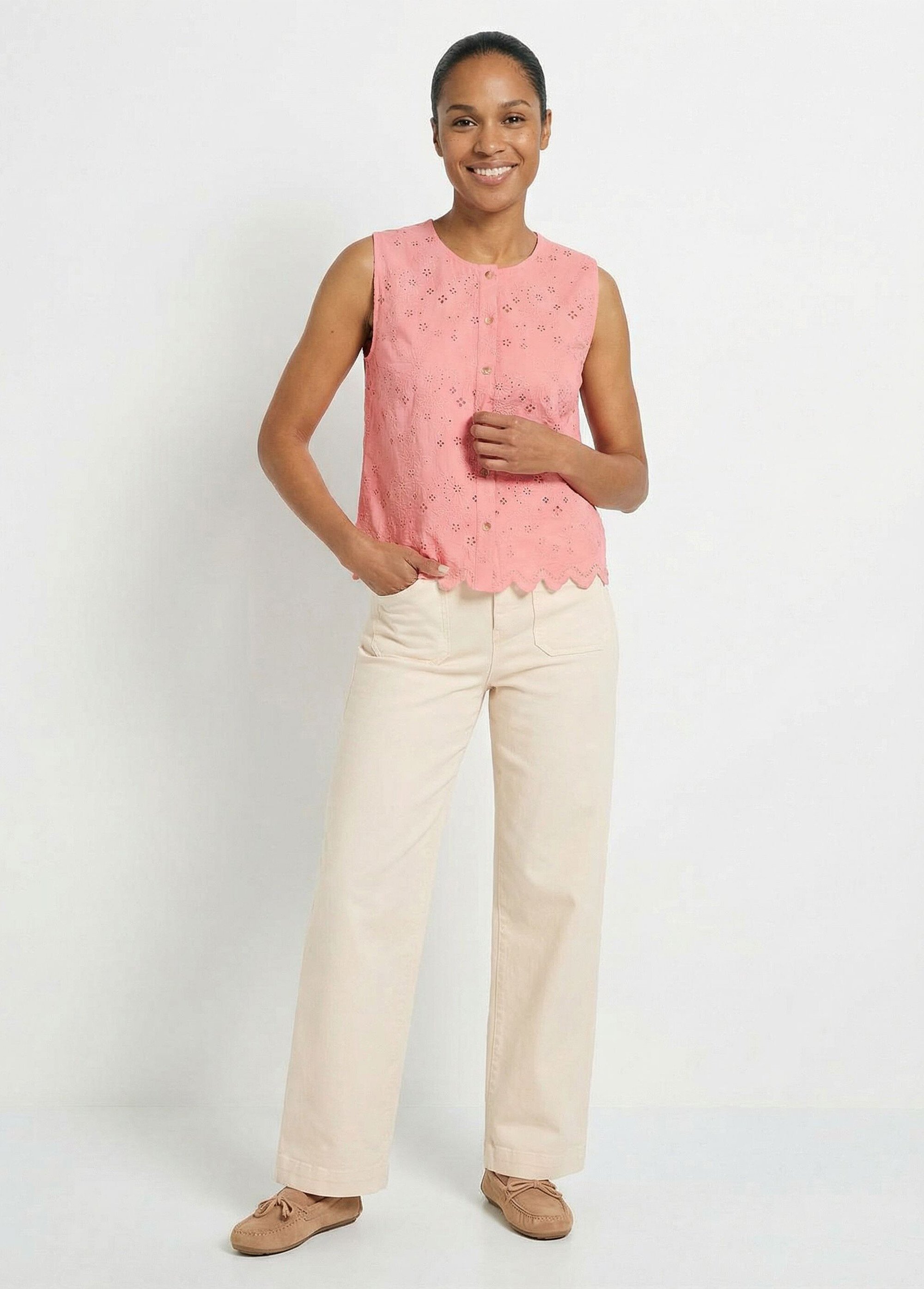 Débardeur boutonné broderie anglaise coton Femme ROSE BONBON CARIANE SF1