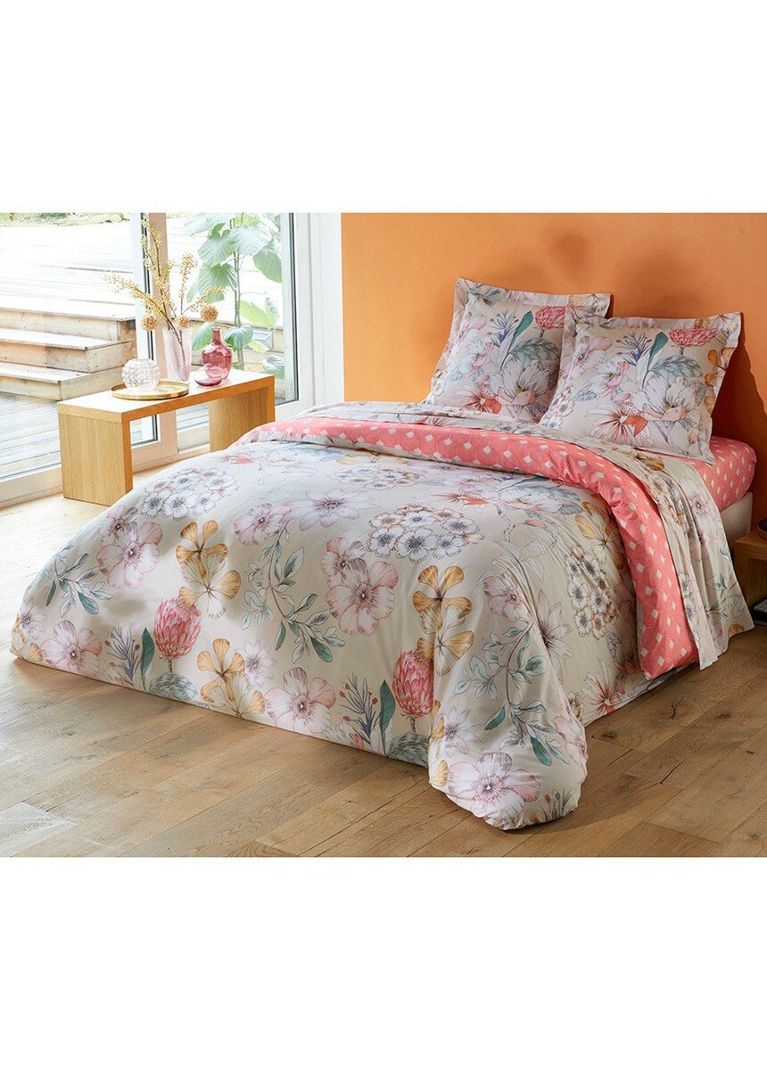 Drap plat coton imprimé grosses fleurs Beige REIGNAC-2 CA1