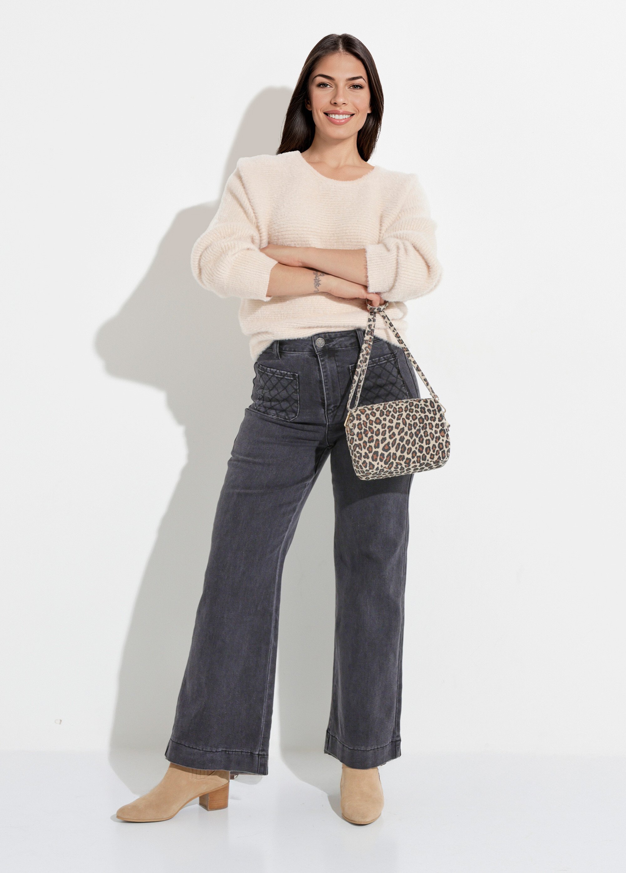 Jean flare à poches, spécial PETITE Femme Gris OR-JEAJD517H MV1