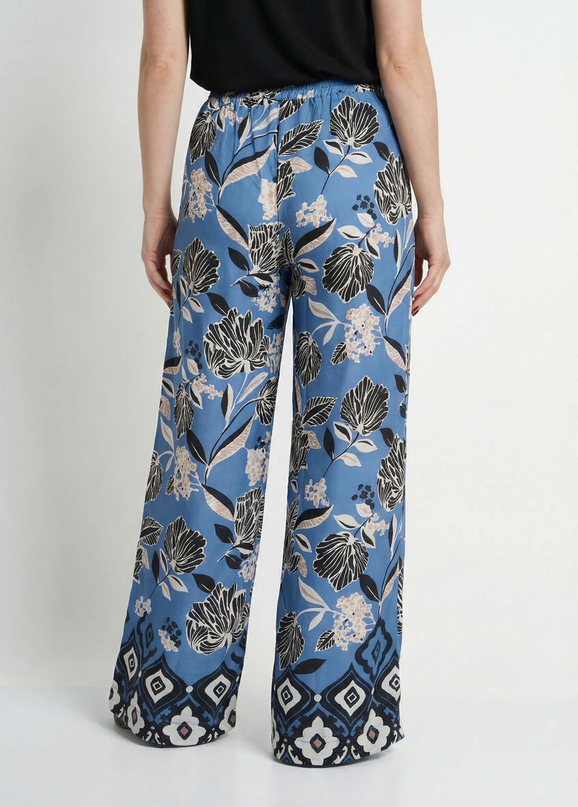 Pantalon satiné, motif fleurs d'Orient Femme Bleu MOD-PANBABLEU DO1