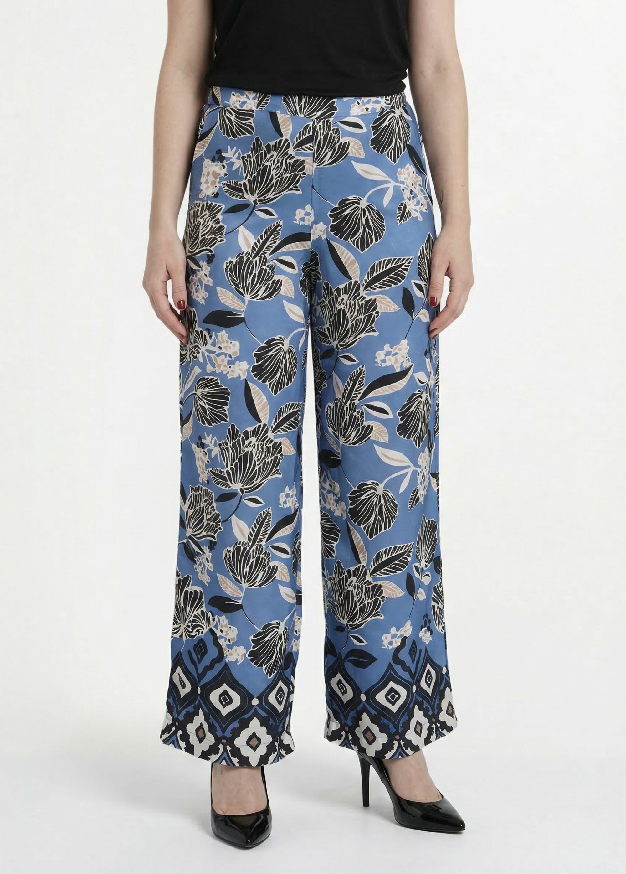 Pantalon satiné, motif fleurs d'Orient Femme Bleu MOD-PANBABLEU FA1