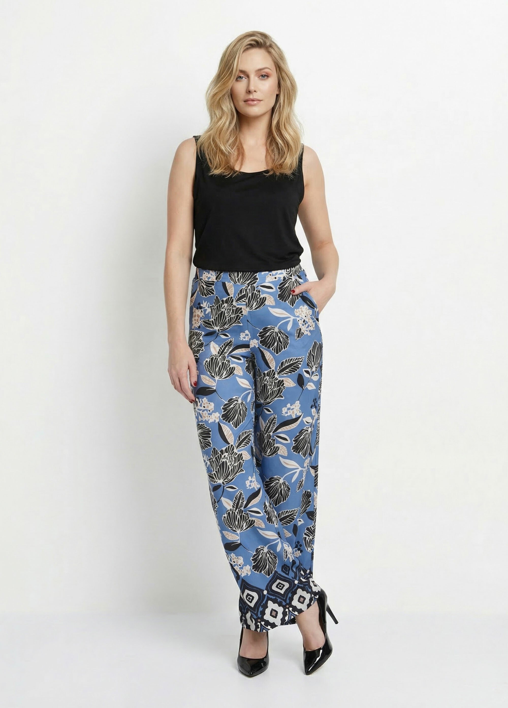 Pantalon satiné, motif fleurs d'Orient Femme Bleu MOD-PANBABLEU SF1