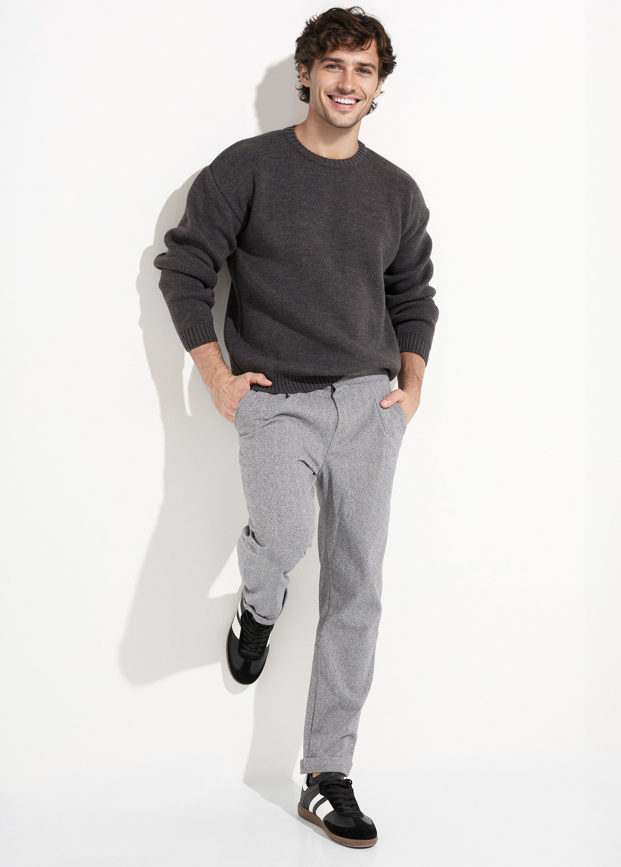 Pull épais col rond et maille torsadée Homme Gris IKALL061003 SI1