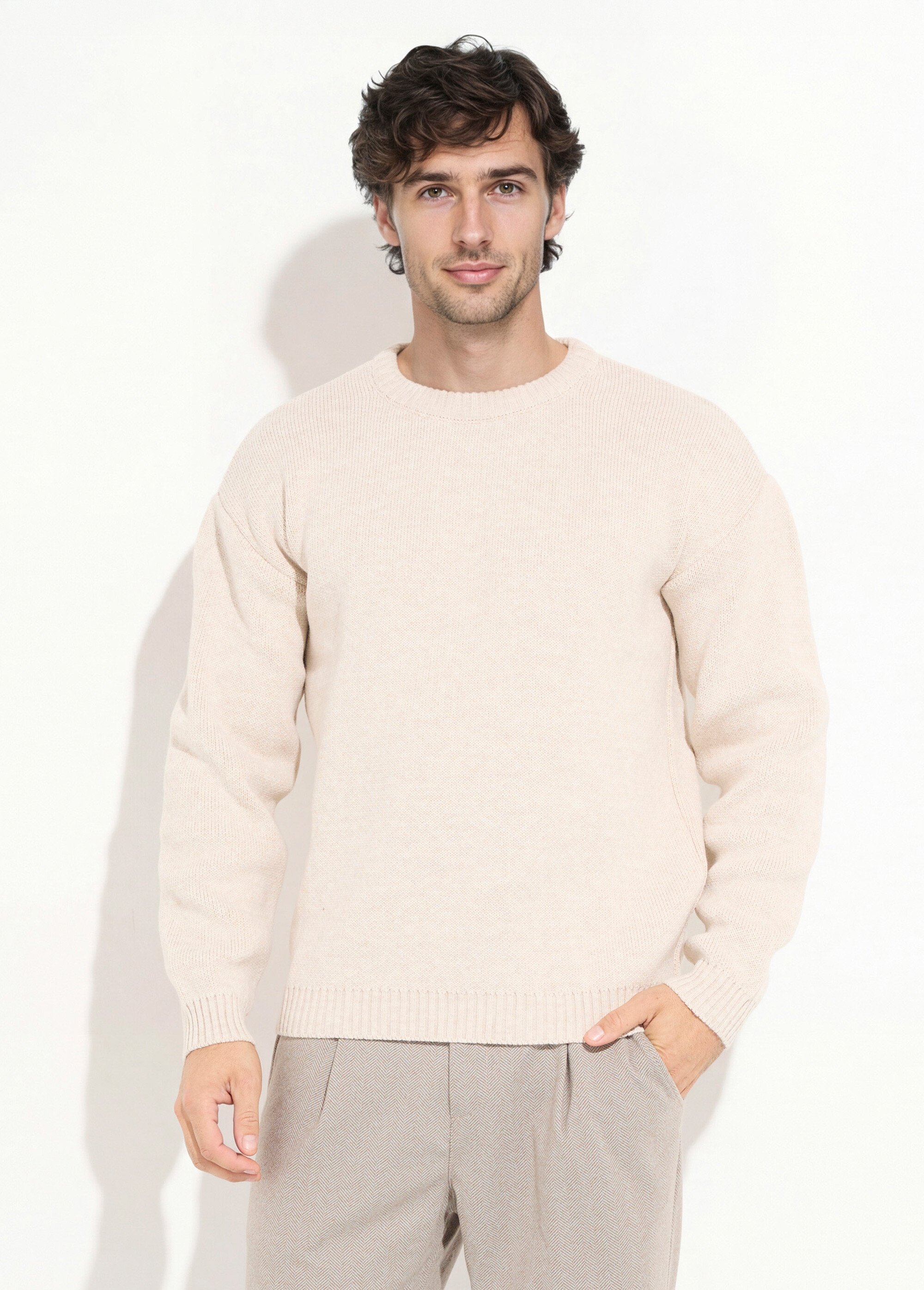 Pull épais col rond et maille torsadée Homme Beige IKALL061003 FA1