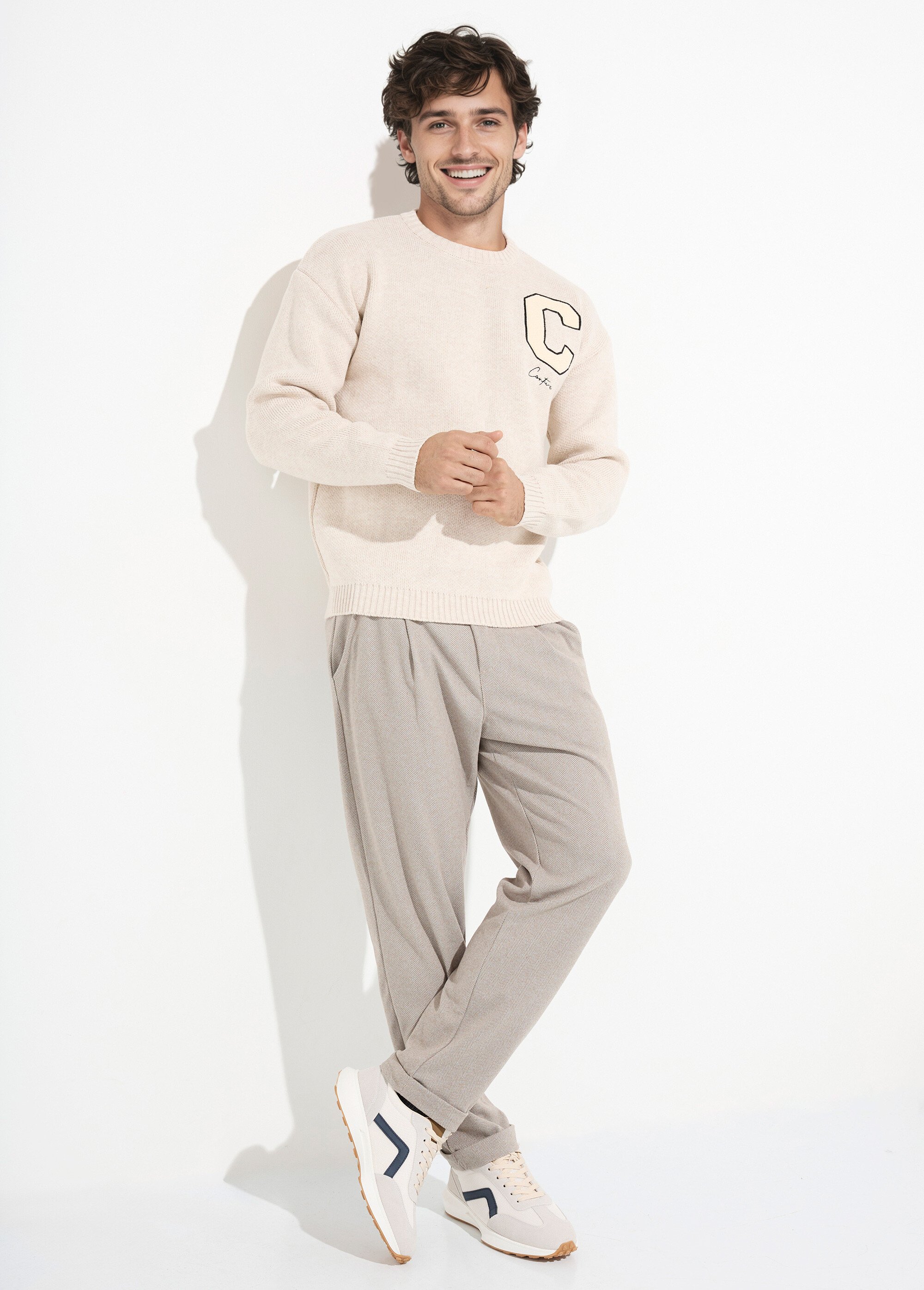 Pull épais en maille avec patch poitrine Homme Beige IKALL061001 SI1