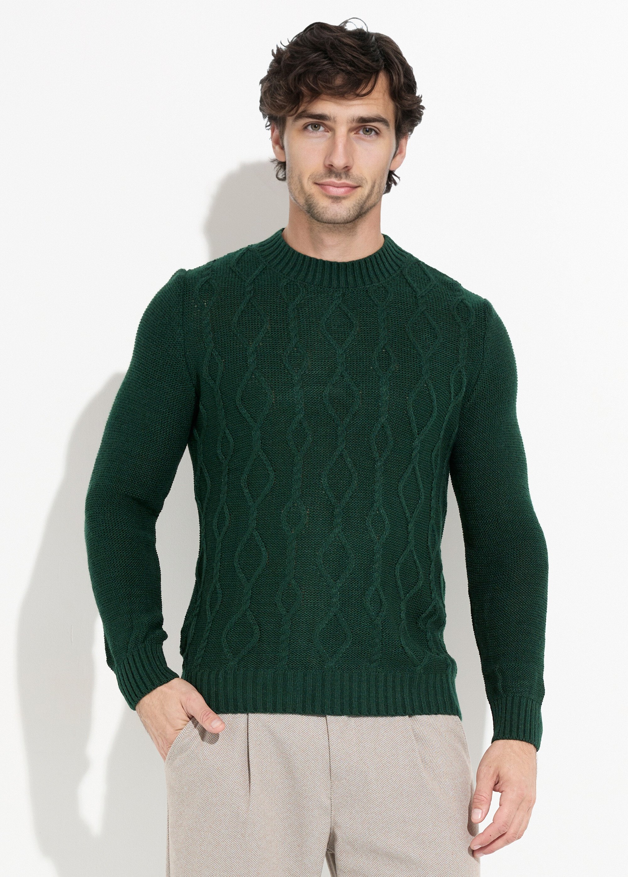 Pull irlandais chaud avec laine col rond Homme Vert DYL2141 FA1