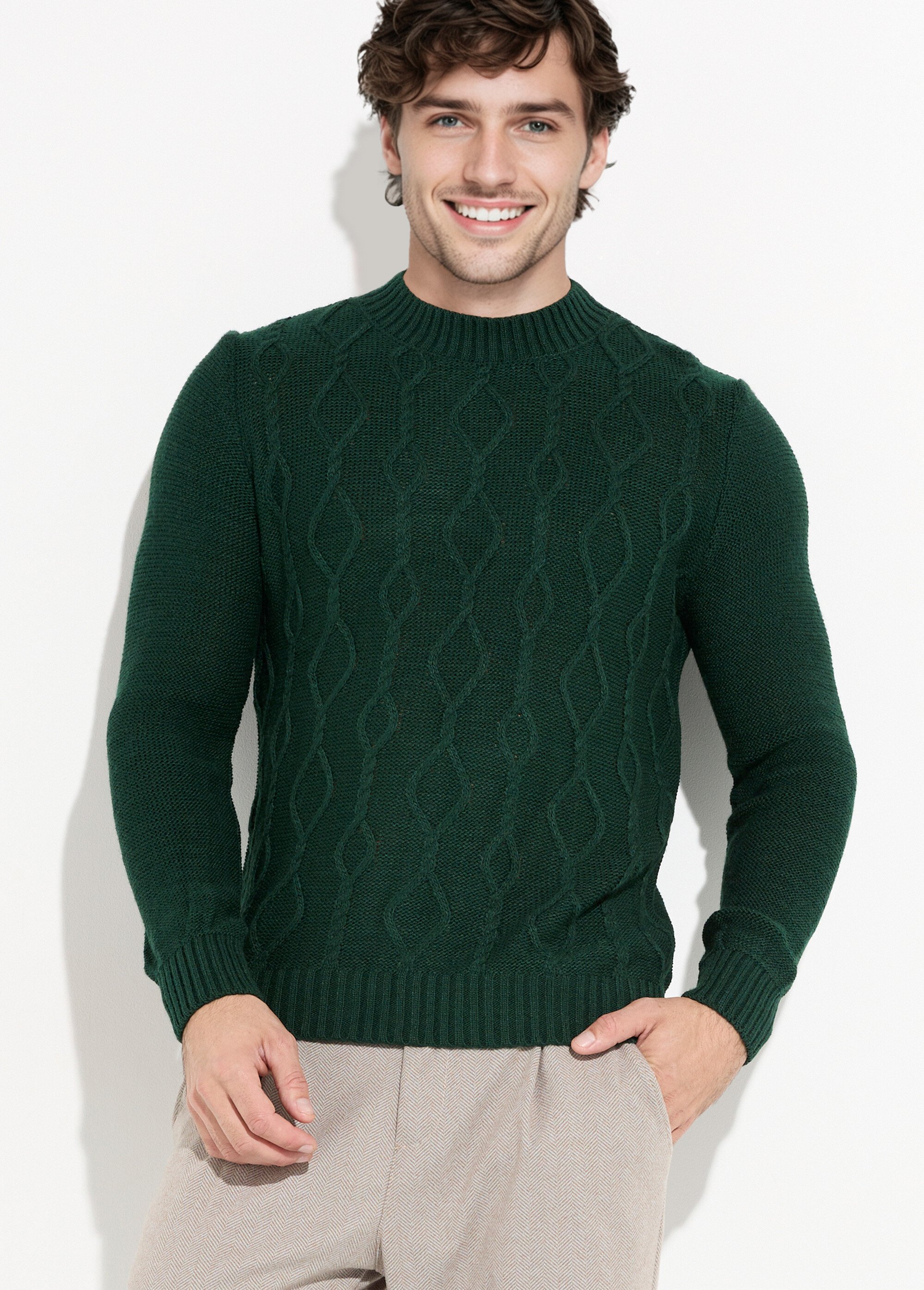 Pull irlandais chaud avec laine col rond Homme Vert DYL2141 MV1