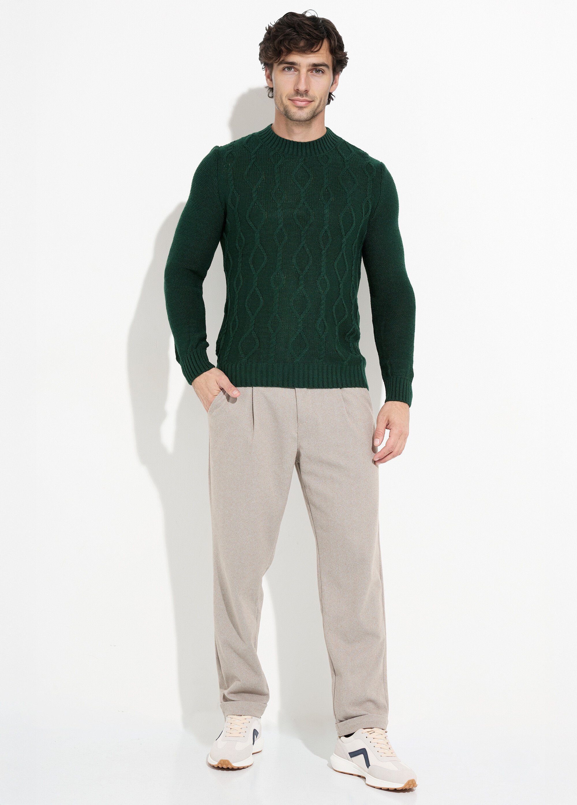 Pull irlandais chaud avec laine col rond Homme Vert DYL2141 SF1