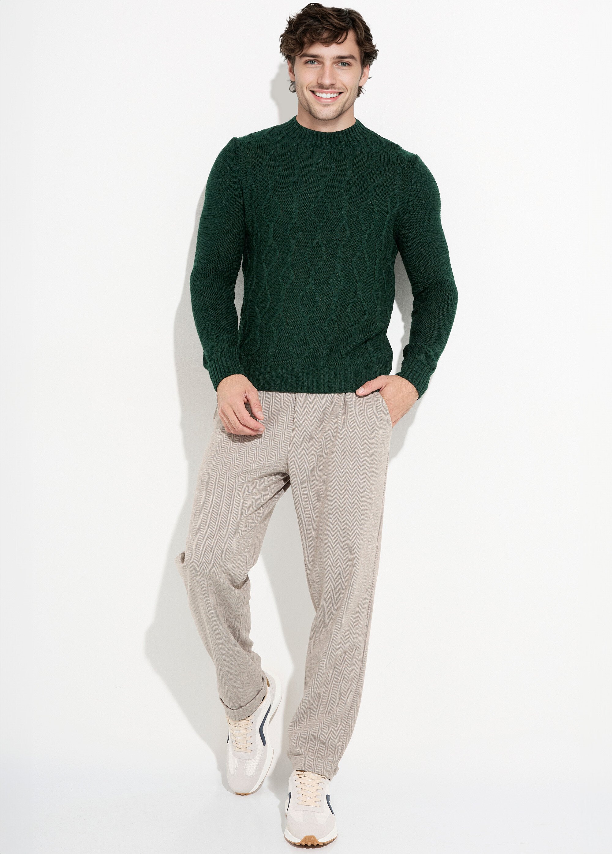 Pull irlandais chaud avec laine col rond Homme Vert DYL2141 SI1