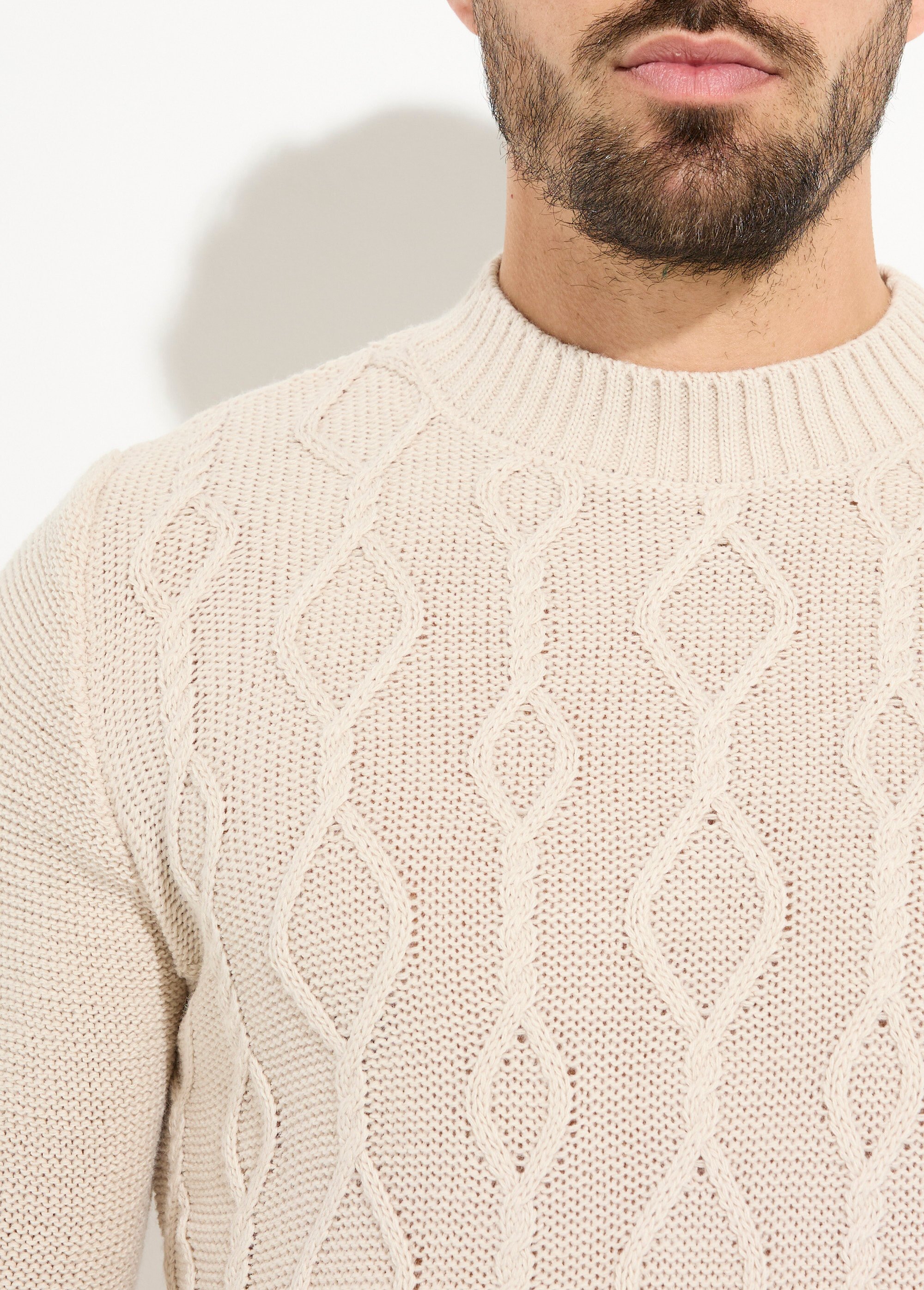 Pull irlandais chaud avec laine col rond Homme Beige DYL2141 DE1