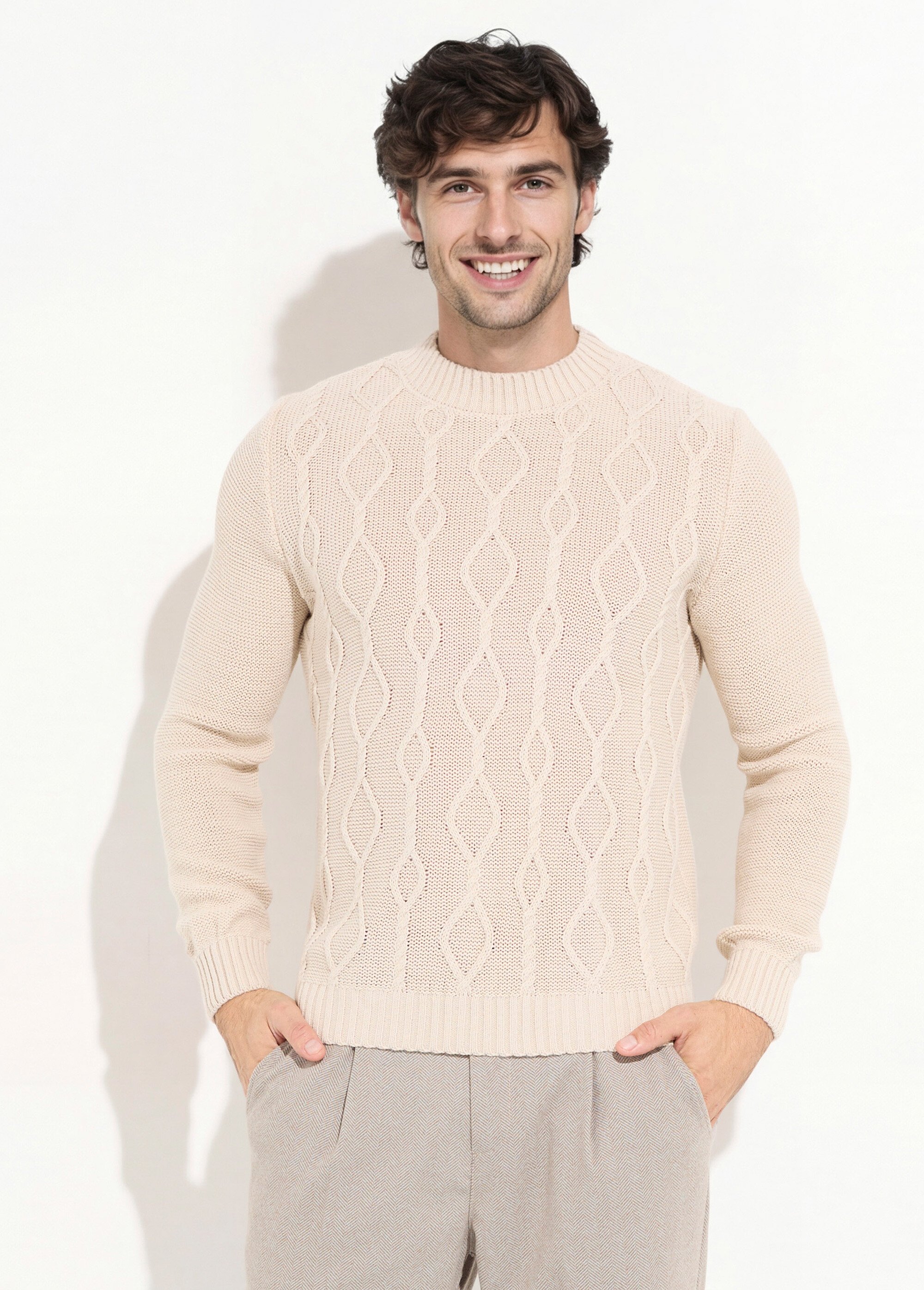 Pull irlandais chaud avec laine col rond Homme Beige DYL2141 FA1