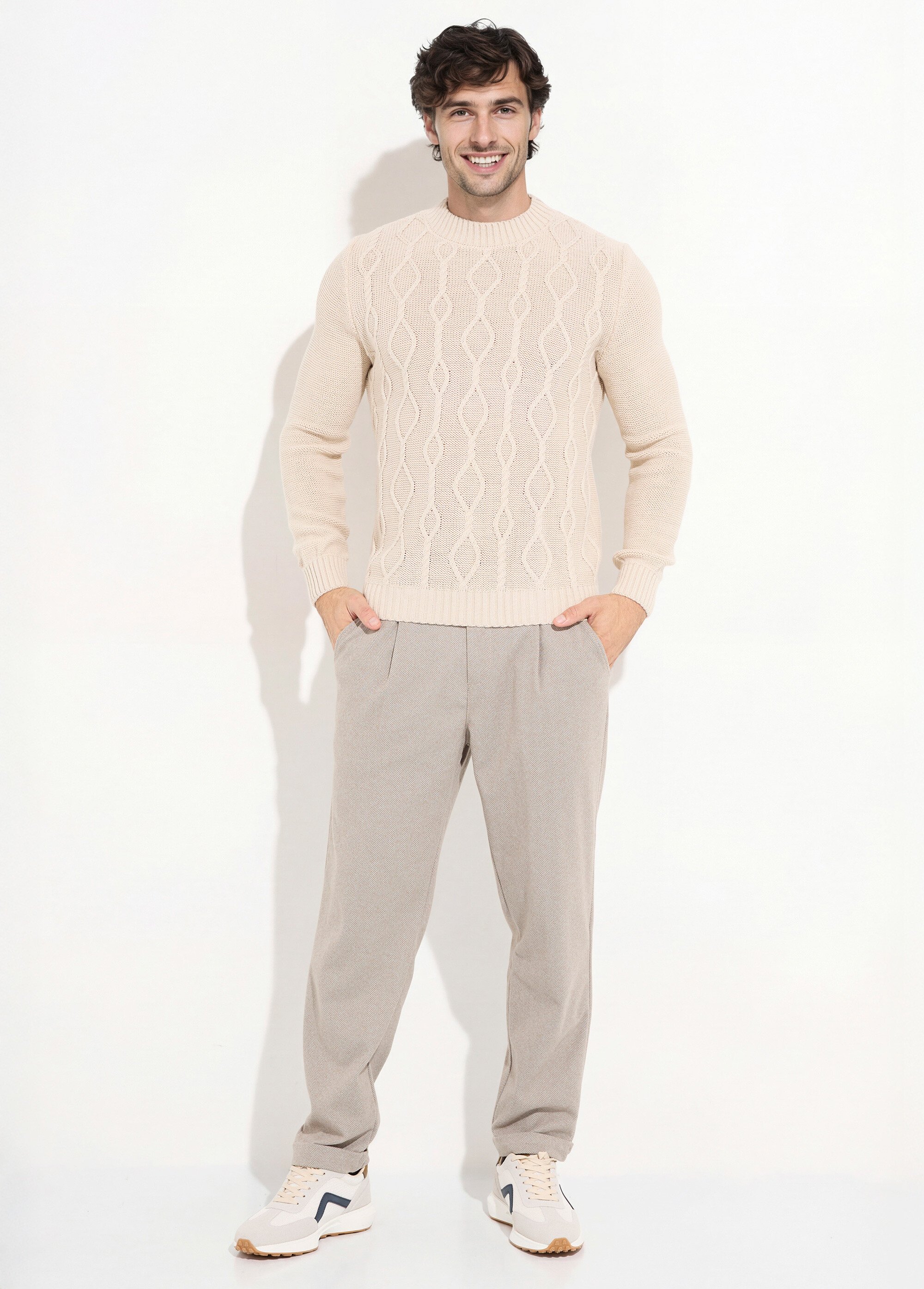 Pull irlandais chaud avec laine col rond Homme Beige DYL2141 SF1