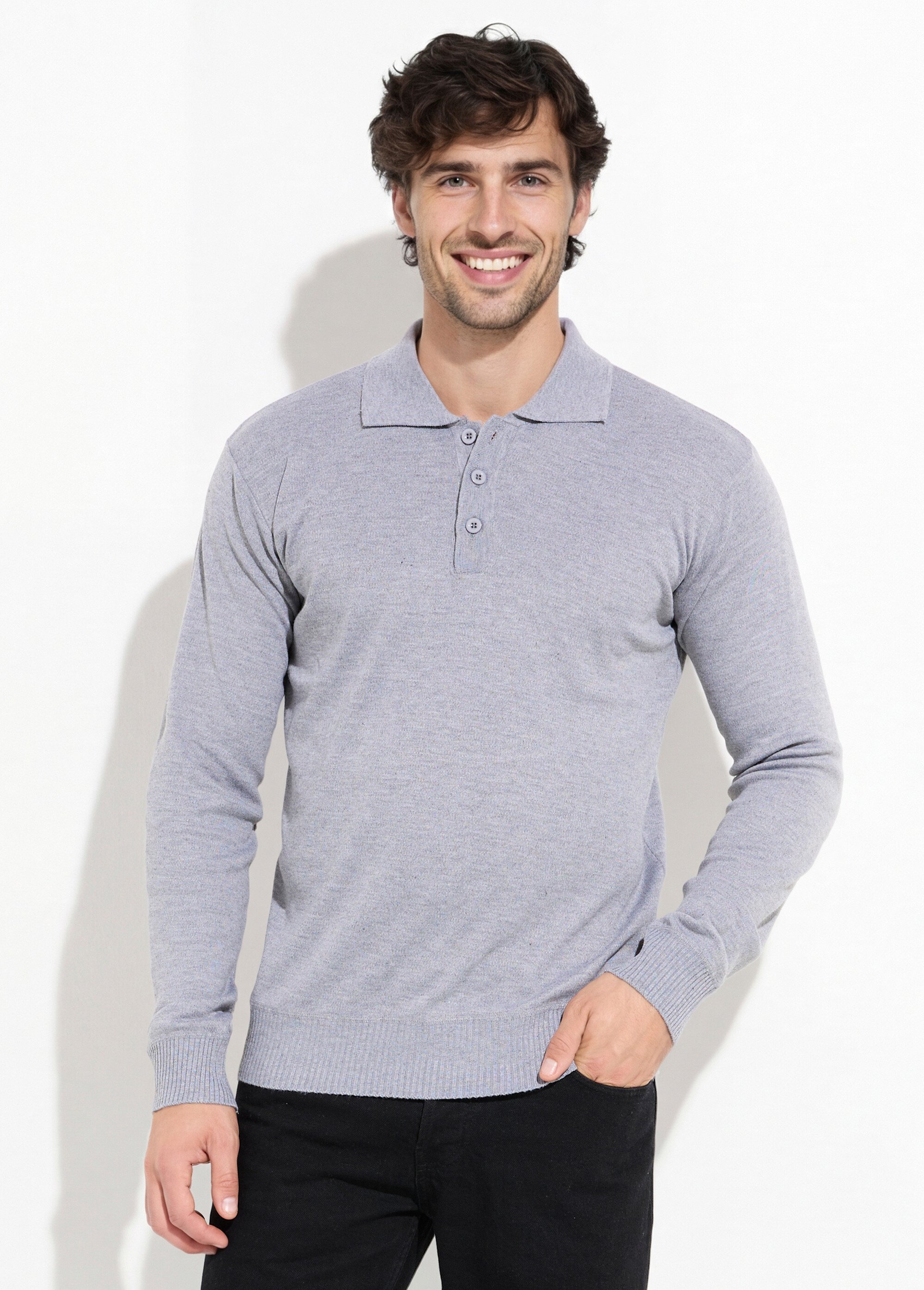 Pull maille fine avec laine et col polo Homme Gris DYL1922 FA1