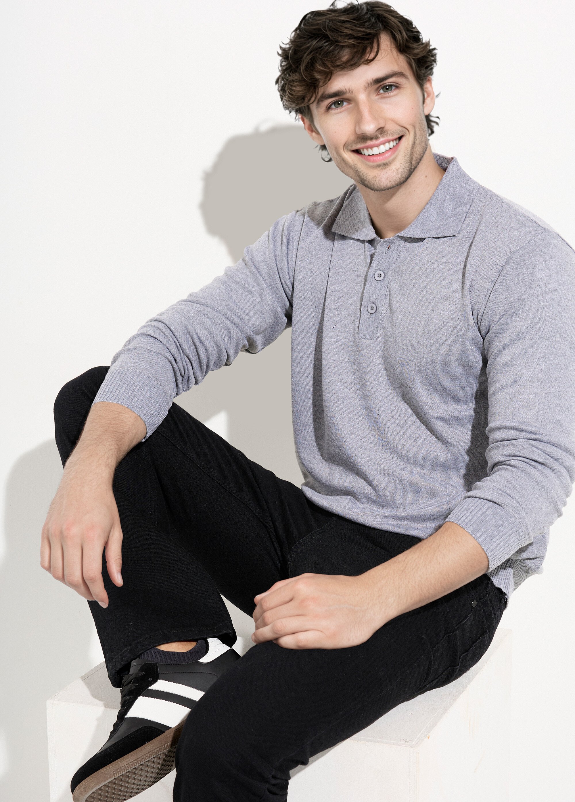 Pull maille fine avec laine et col polo Homme Gris DYL1922 MV1