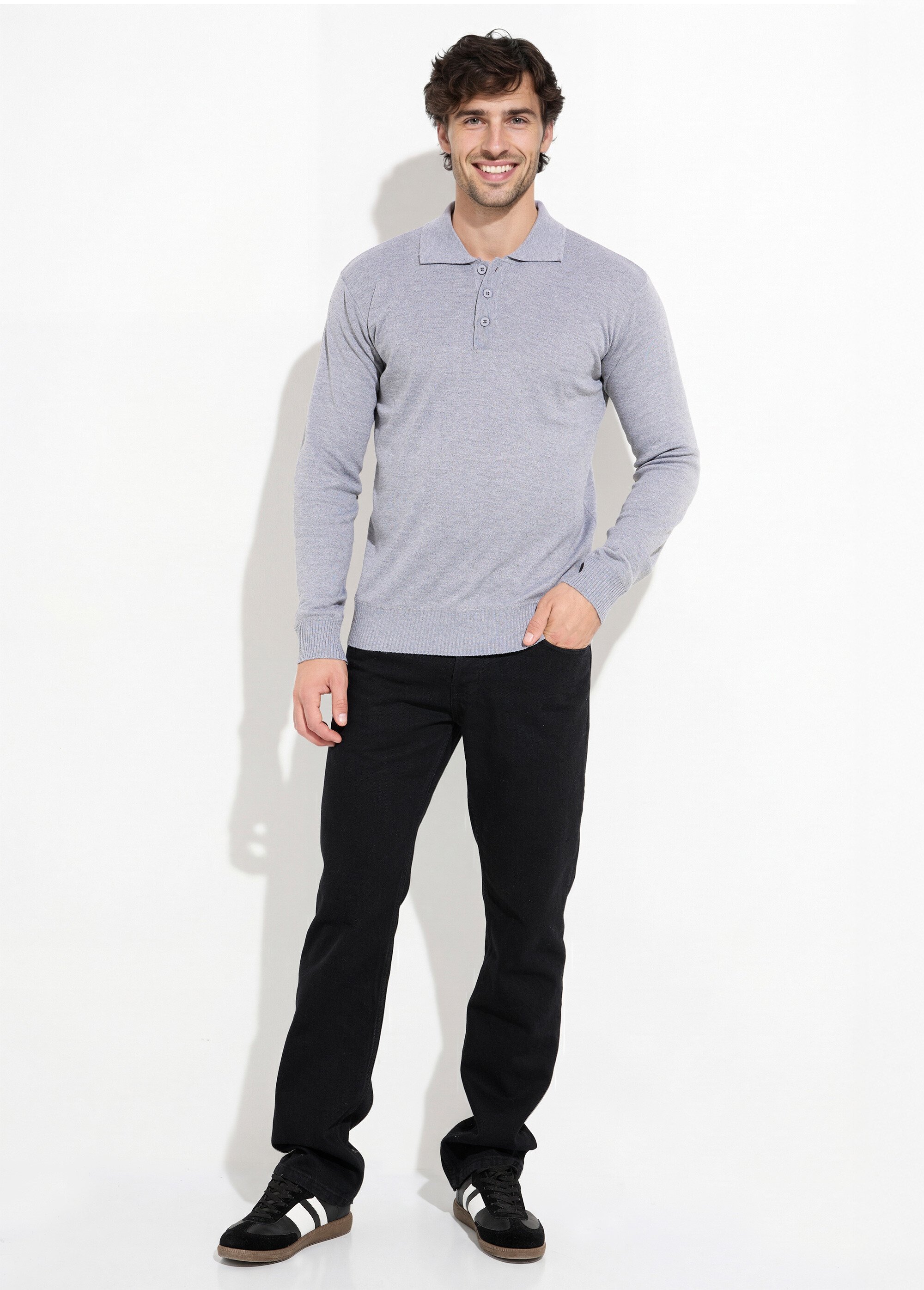 Pull maille fine avec laine et col polo Homme Gris DYL1922 SF1