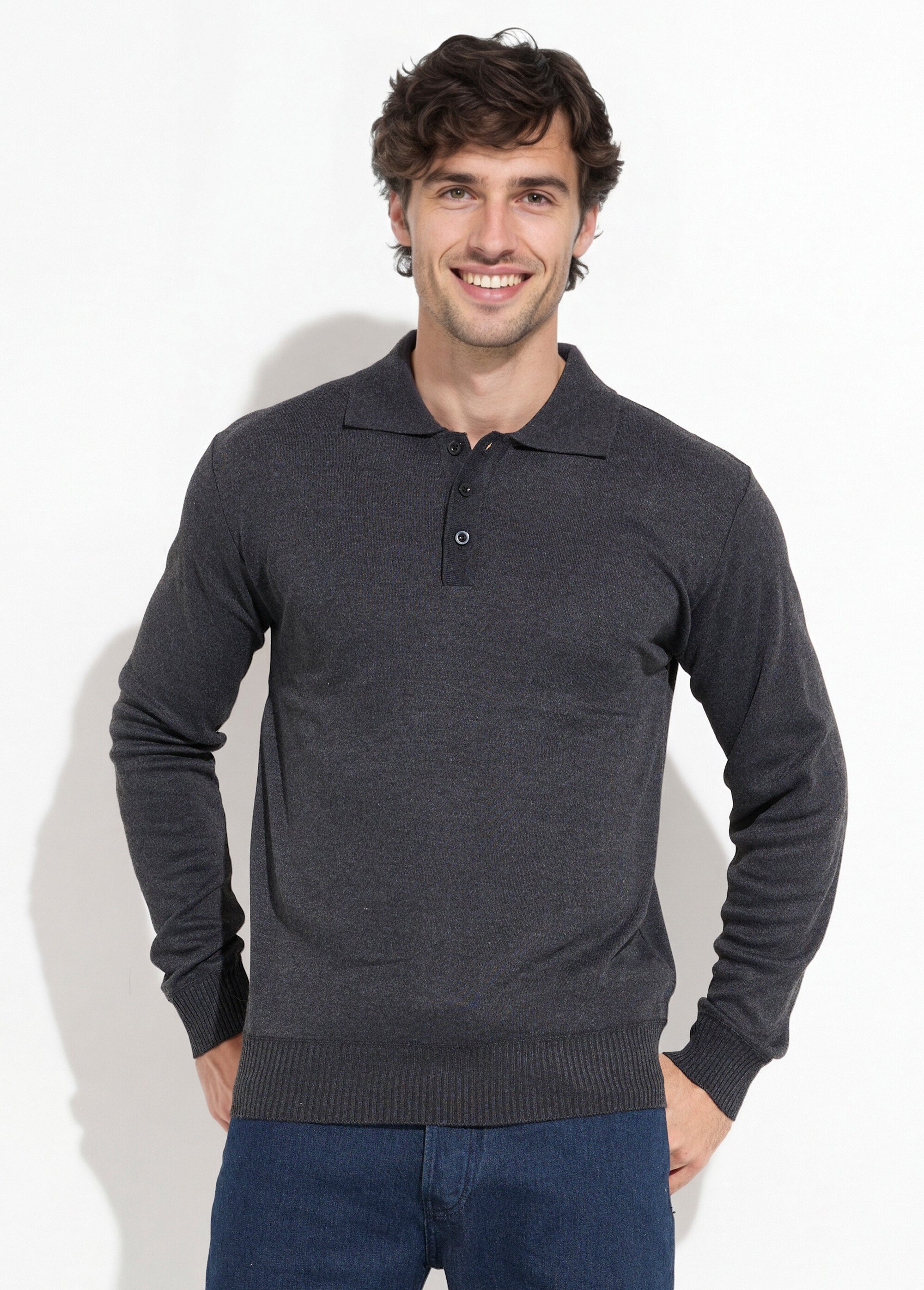 Pull maille fine avec laine et col polo Homme Gris DYL1922 FA1