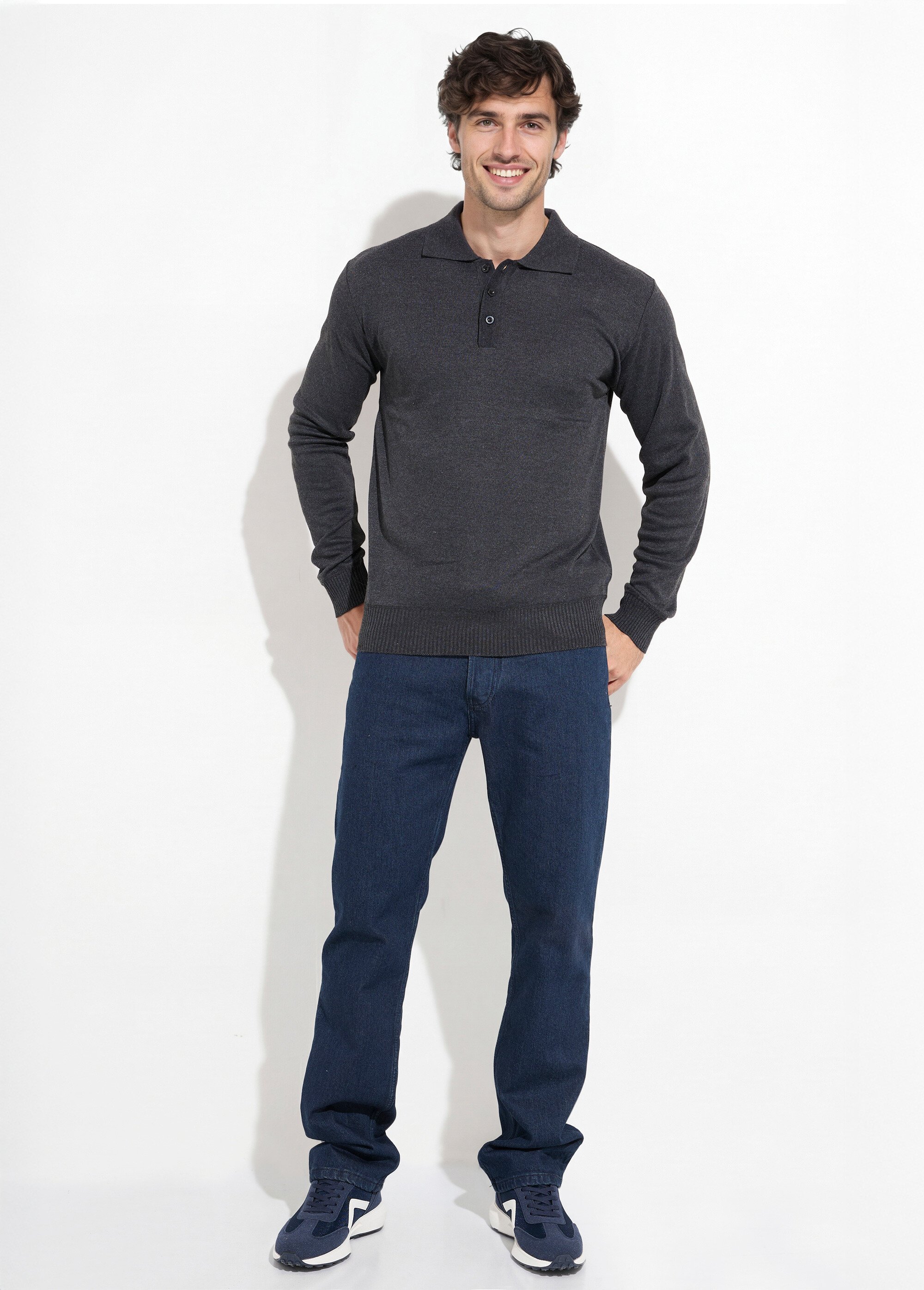 Pull maille fine avec laine et col polo Homme Gris DYL1922 SF1