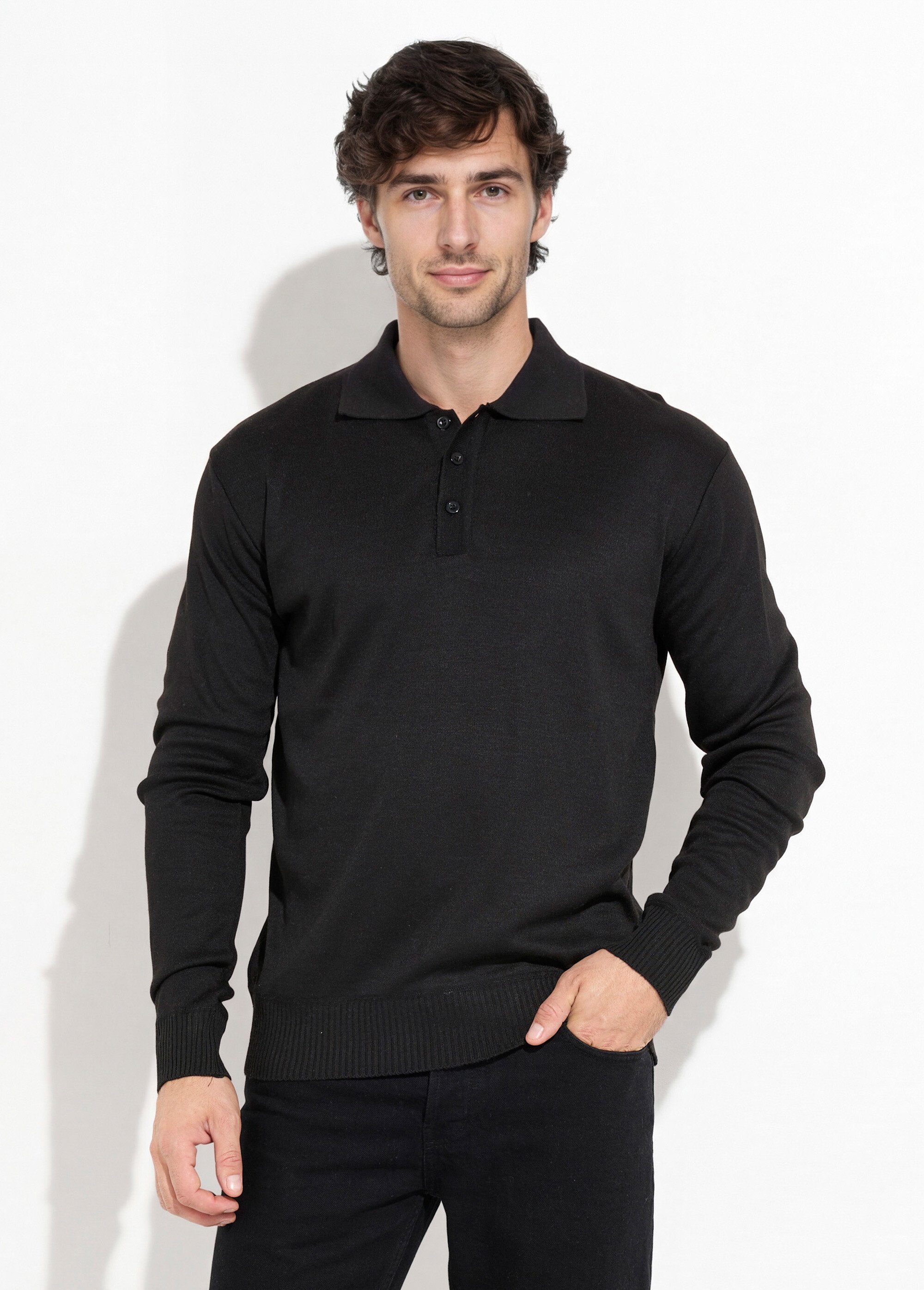 Pull maille fine avec laine et col polo Homme Noir DYL1922 FA1
