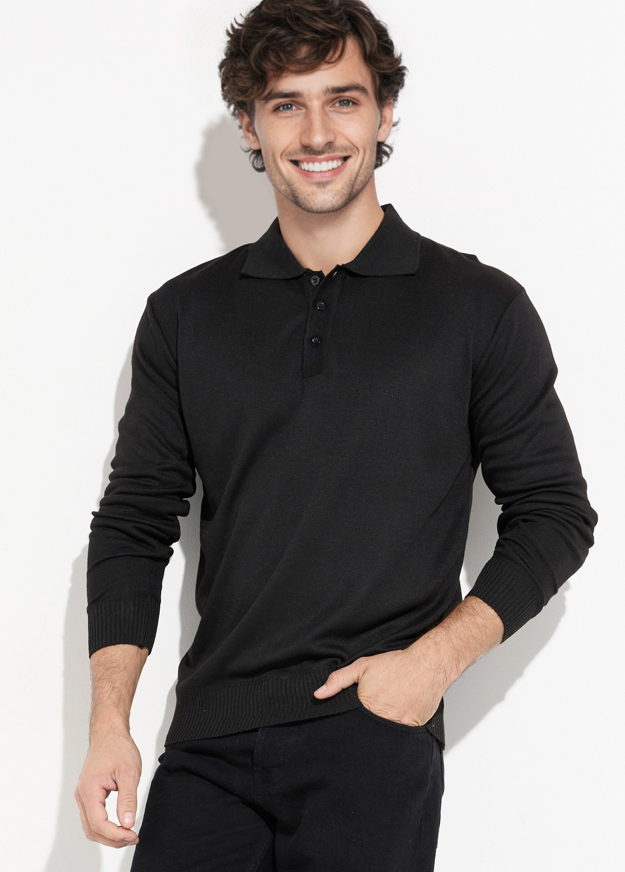 Pull maille fine avec laine et col polo Homme Noir DYL1922 MV1