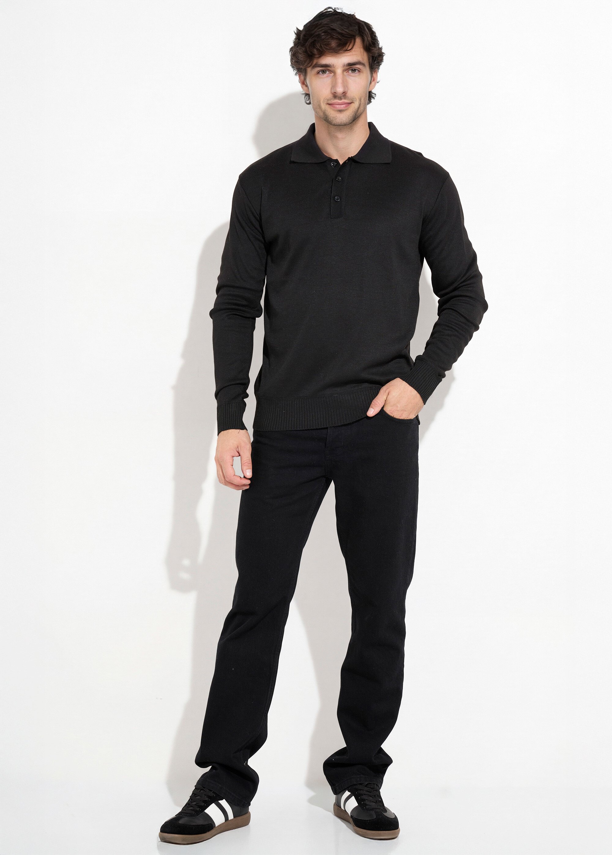 Pull maille fine avec laine et col polo Homme Noir DYL1922 SF1