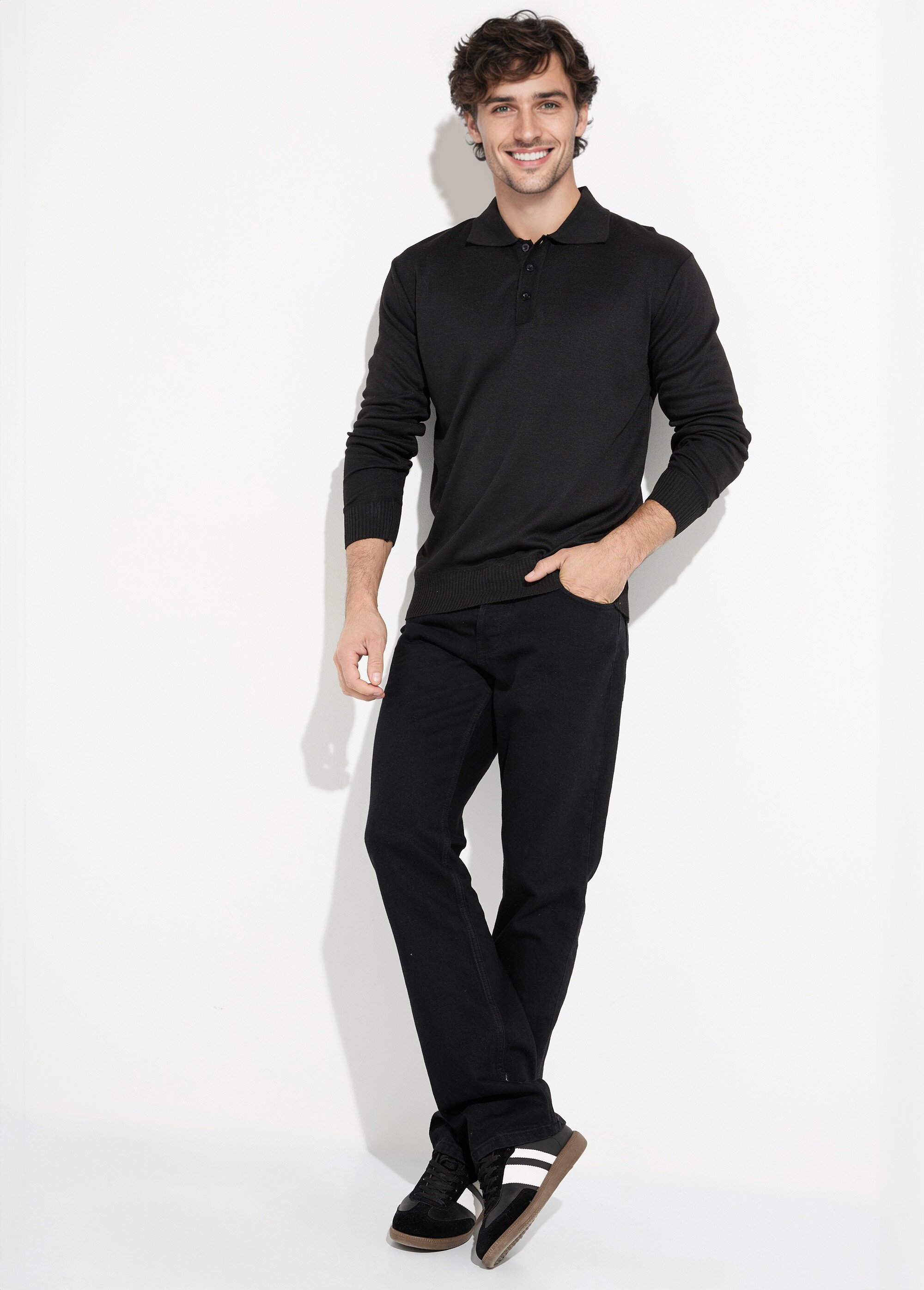 Pull maille fine avec laine et col polo Homme Noir DYL1922 SI1