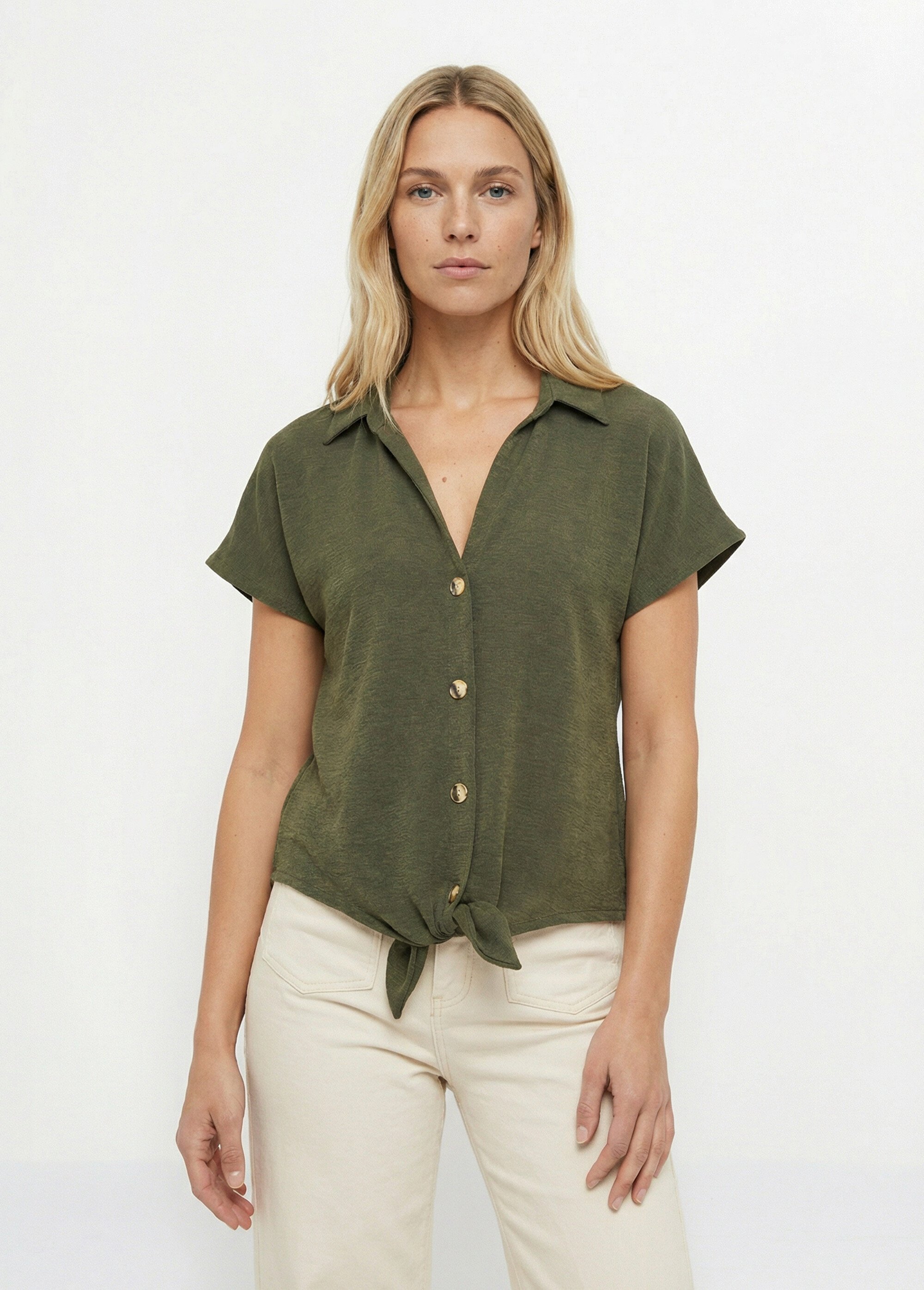 Chemisier manches courtes, noué taille Femme Vert MOD-CHEGIL FA1