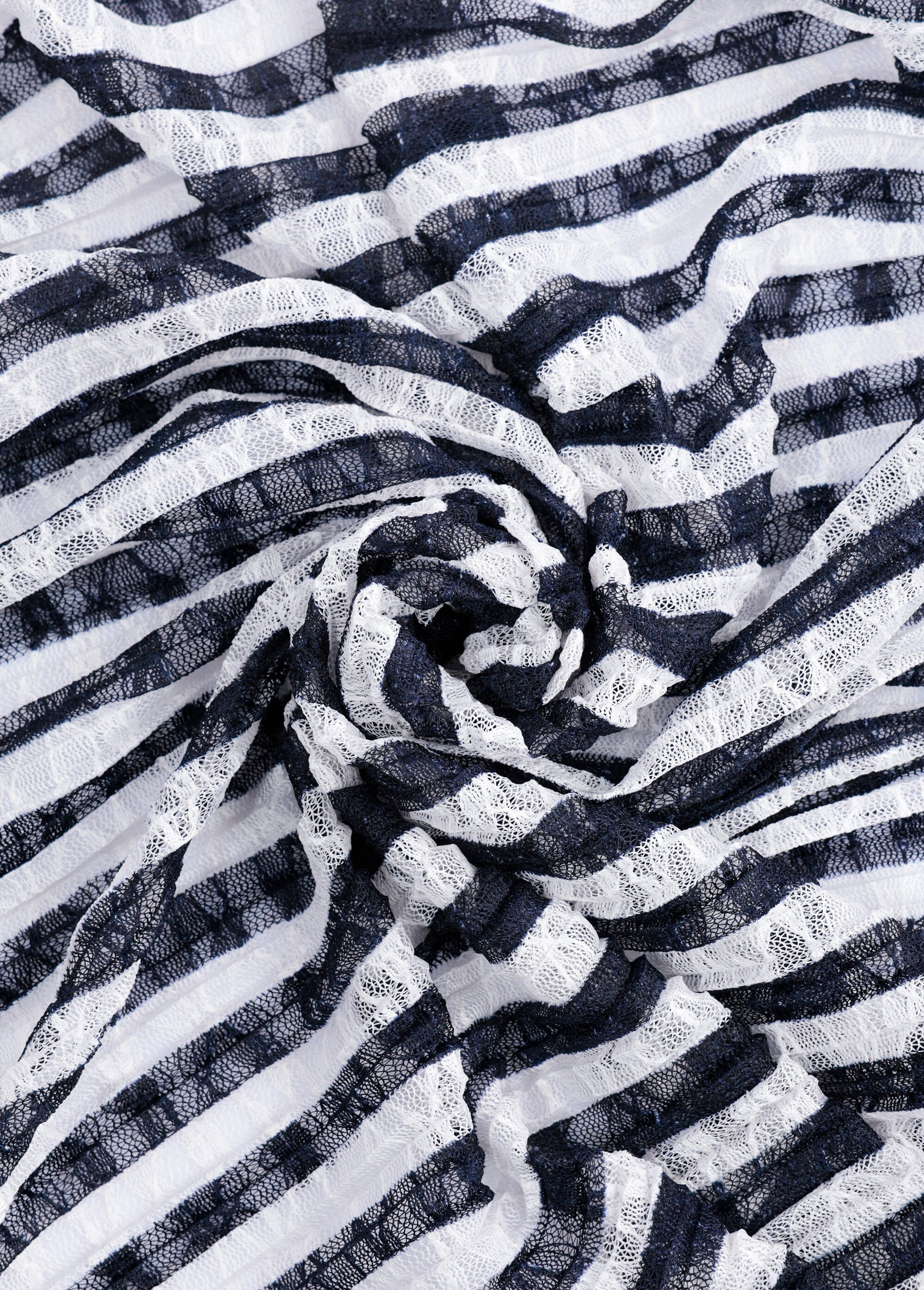 Coupon tissu dentelle plissée rayée BLEU COT147423 FA1