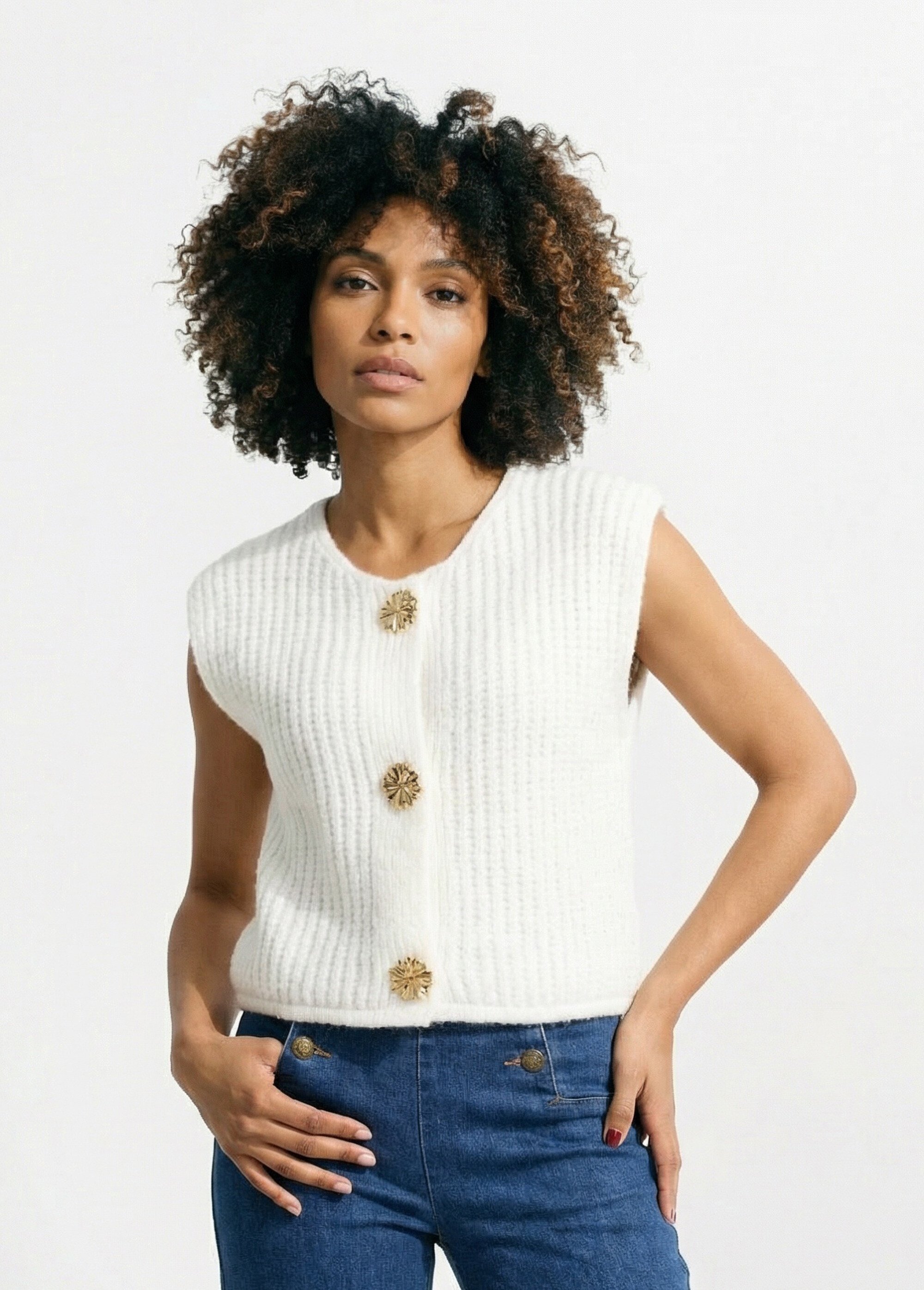 Gilet sans manches avec boutons bijoux Femme Blanc IA-AR1082 FA1
