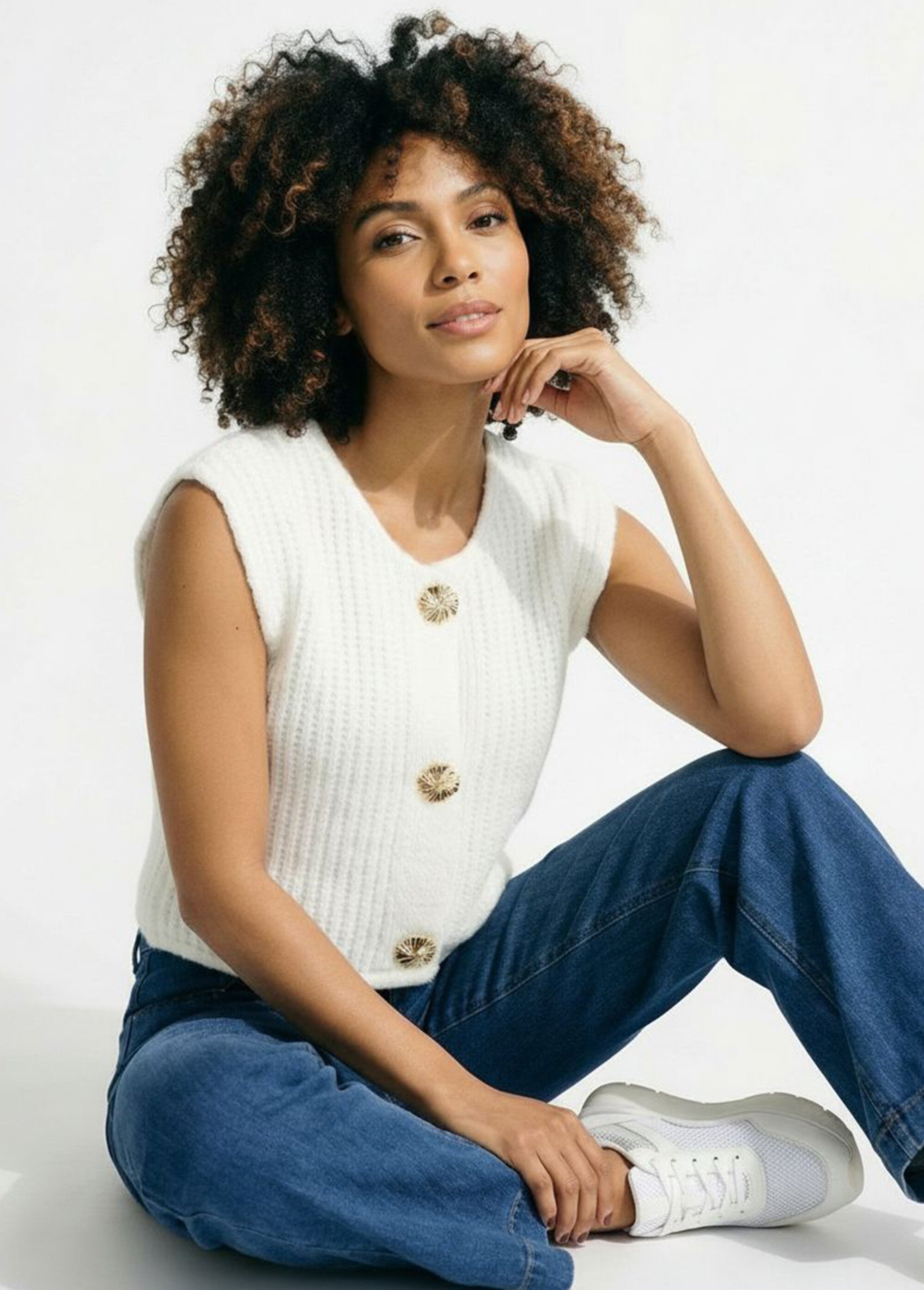 Gilet sans manches avec boutons bijoux Femme Blanc IA-AR1082 MV1