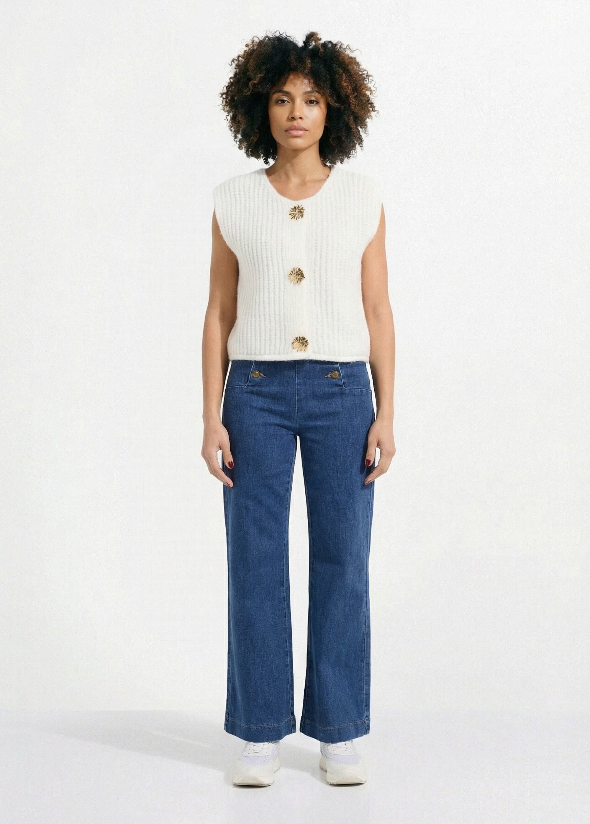 Gilet sans manches avec boutons bijoux Femme Blanc IA-AR1082 SF1