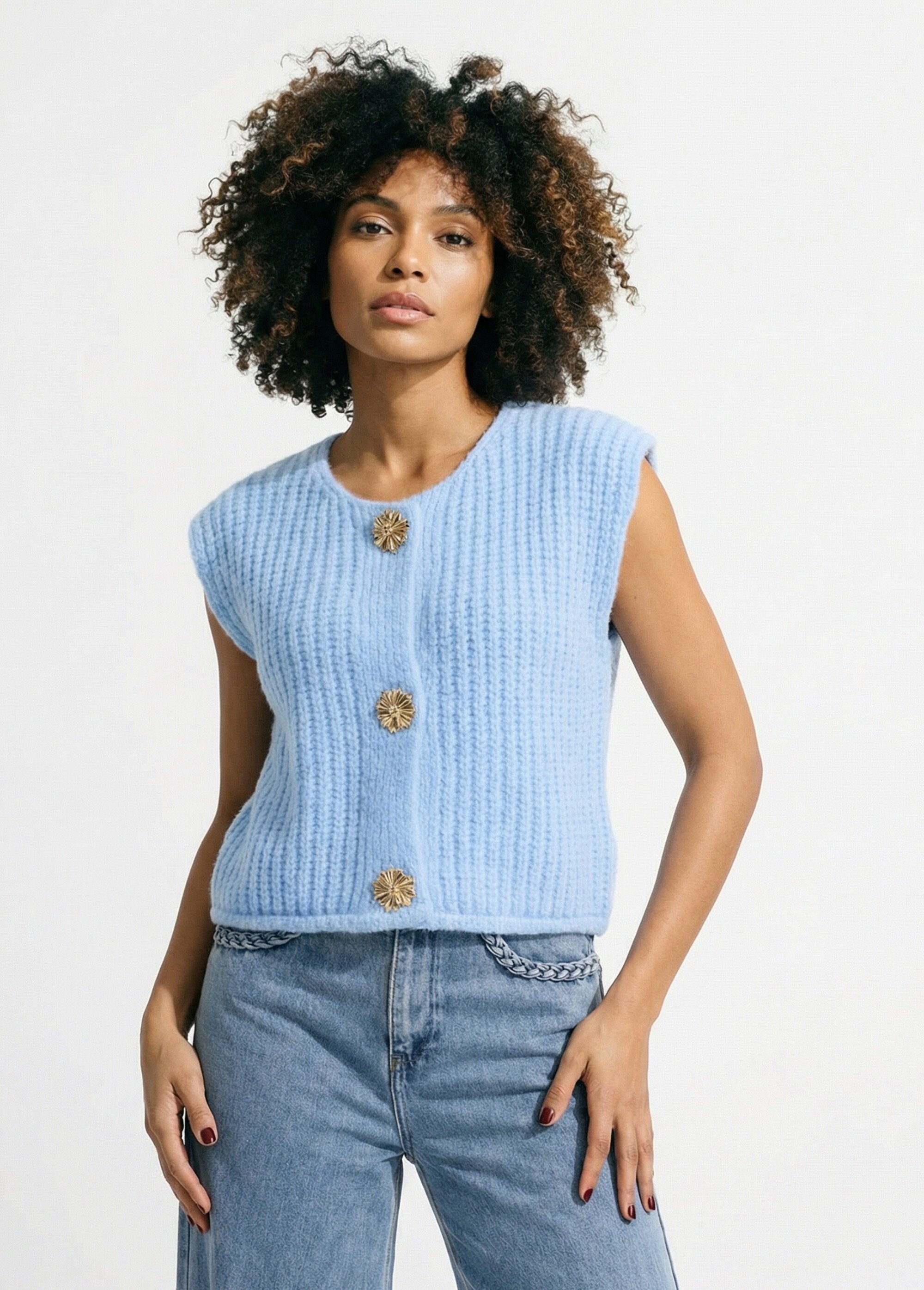 Gilet sans manches avec boutons bijoux Femme Bleu IA-AR1082 FA1