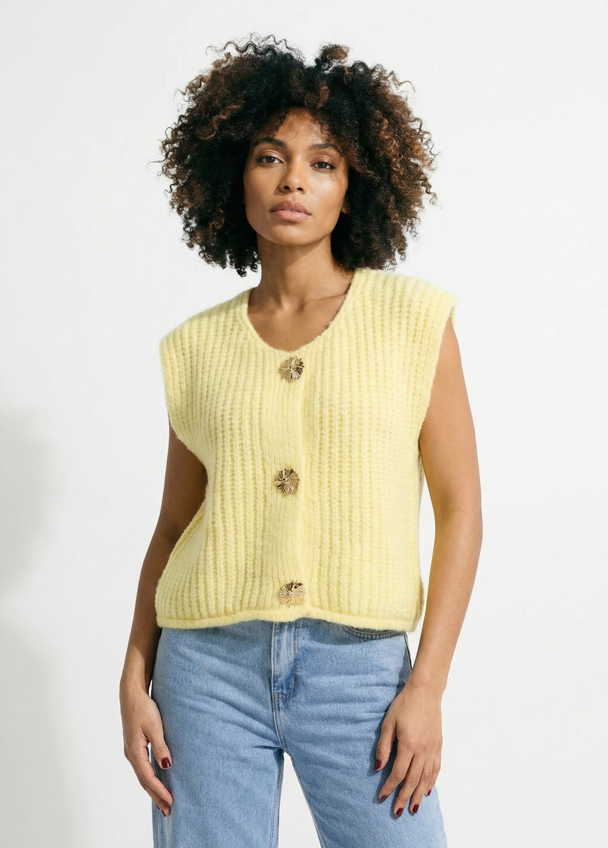 Gilet sans manches avec boutons bijoux Femme Jaune IA-AR1082 FA1