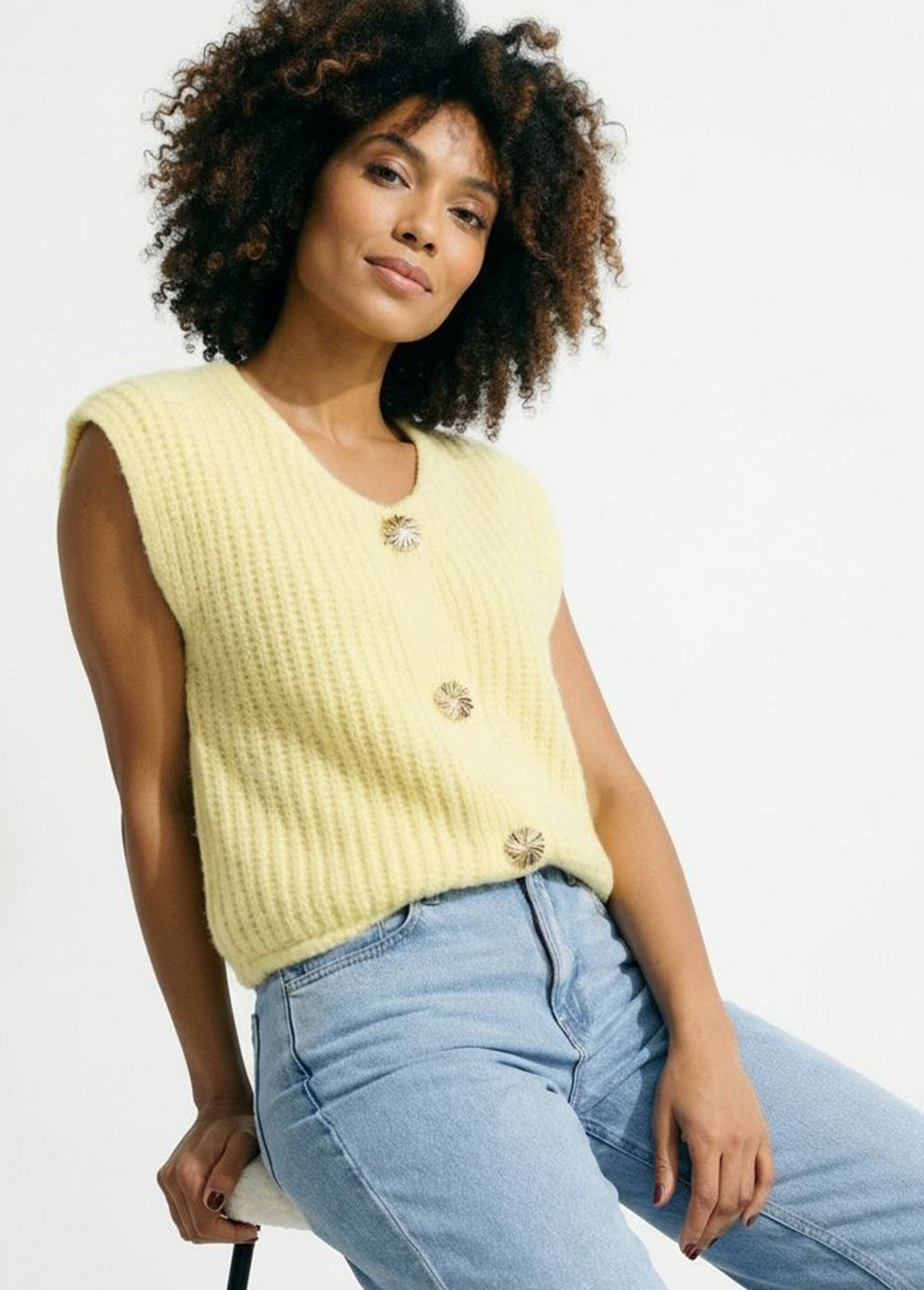 Gilet sans manches avec boutons bijoux Femme Jaune IA-AR1082 MV1