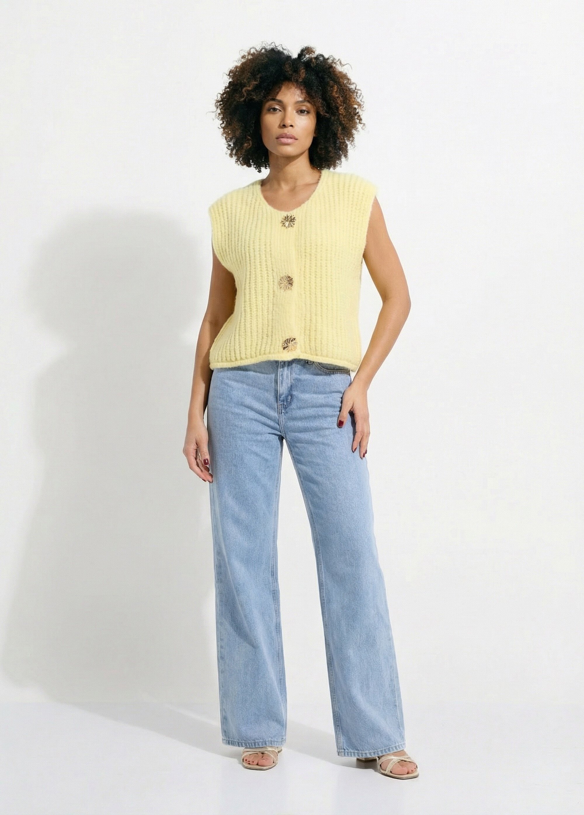 Gilet sans manches avec boutons bijoux Femme Jaune IA-AR1082 SF1