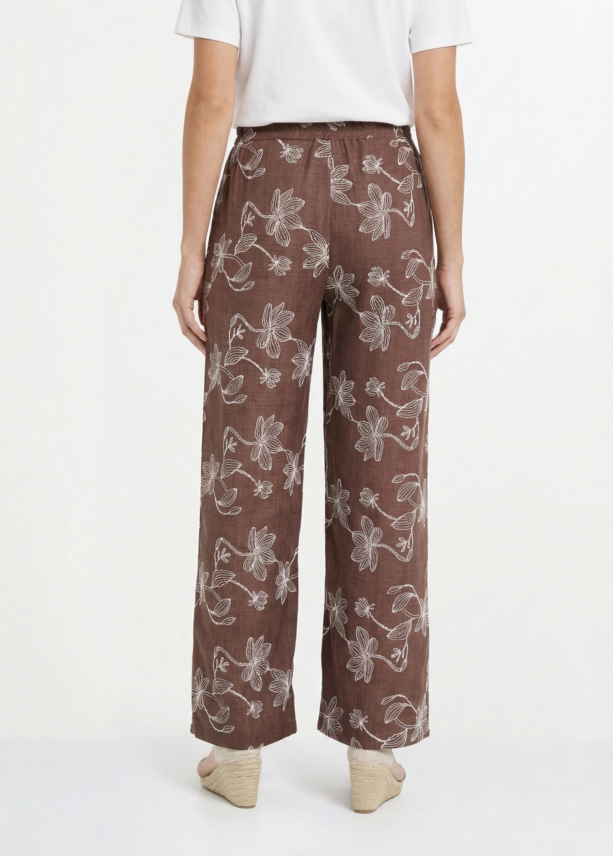 Pantalon large avec sérigraphies fleurs Femme Marron MOD-PAL DO1