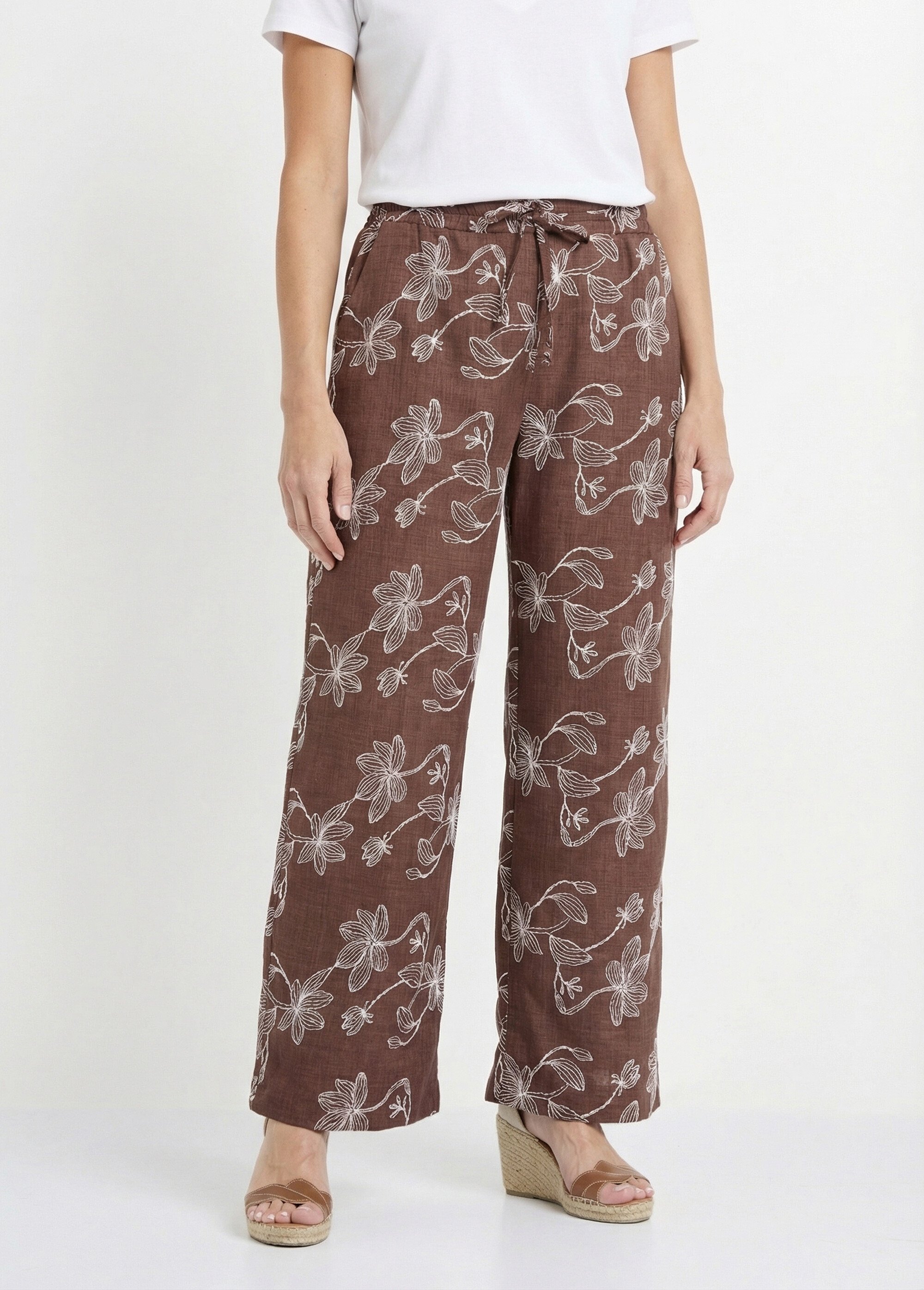 Pantalon large avec sérigraphies fleurs Femme Marron MOD-PAL FA1