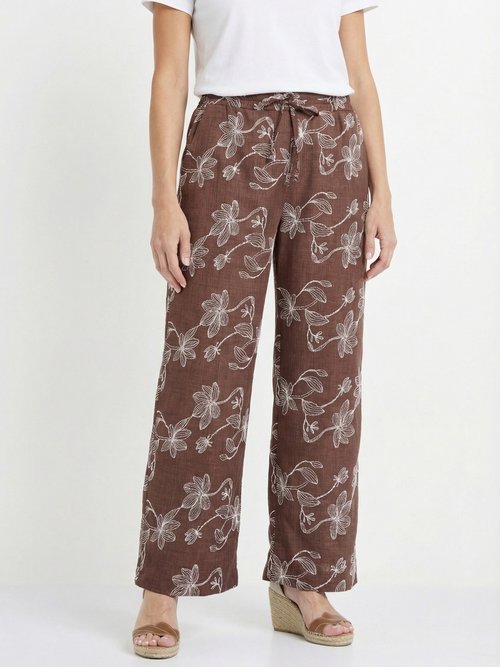 Pantalon large avec sérigraphies fleurs Femme Marron MOD-PAL FA1