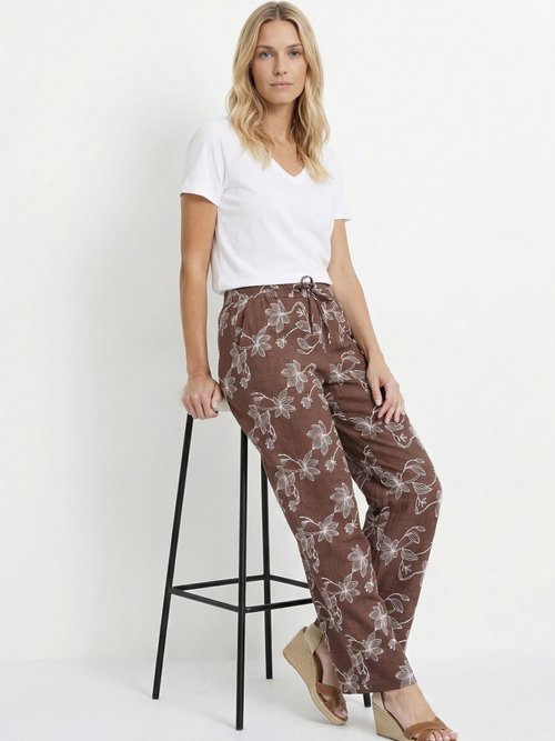 Pantalon large avec sérigraphies fleurs Femme Marron MOD-PAL MV1
